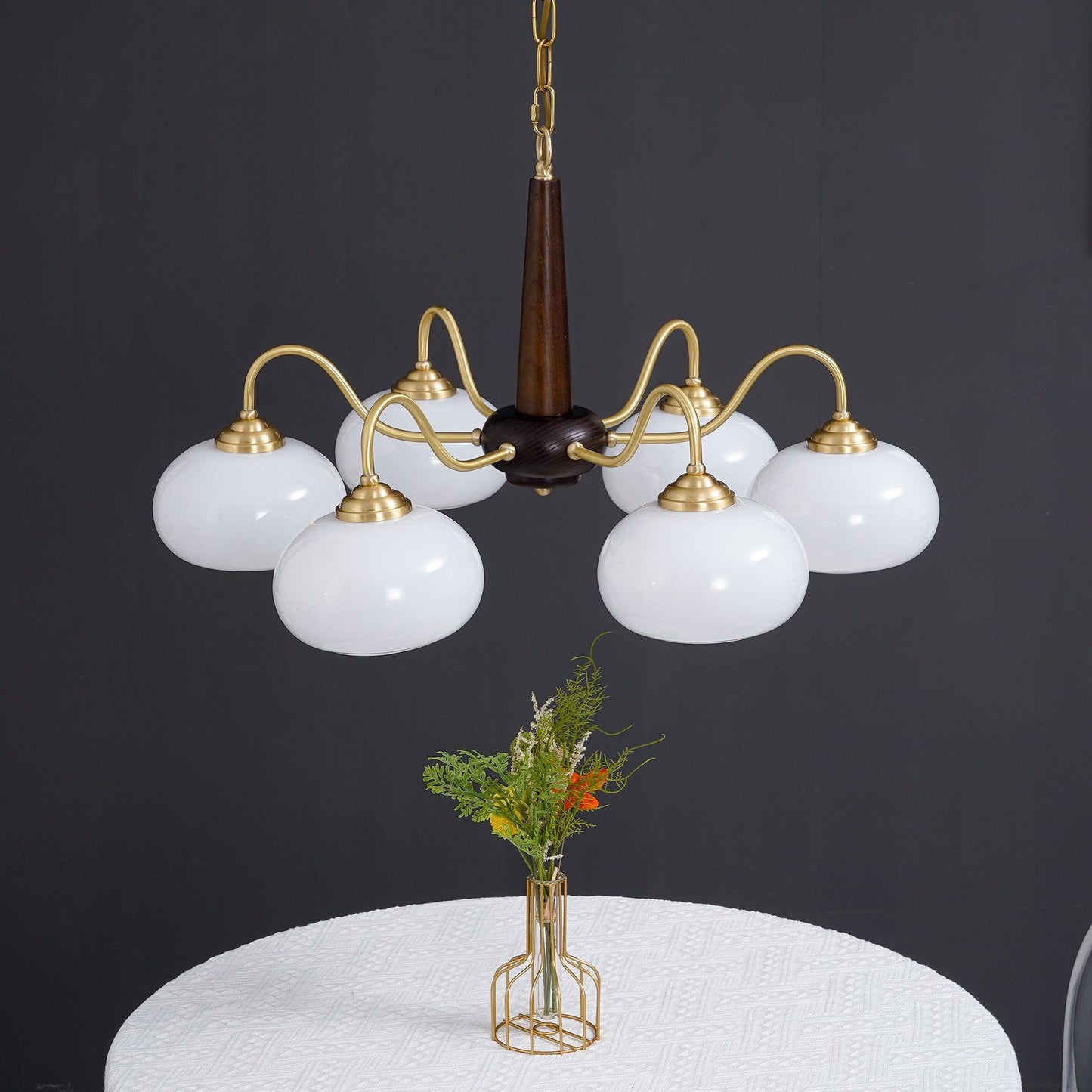 Persimmon Chandelier | Wood & Metal | Gold & Walnut Retro Style