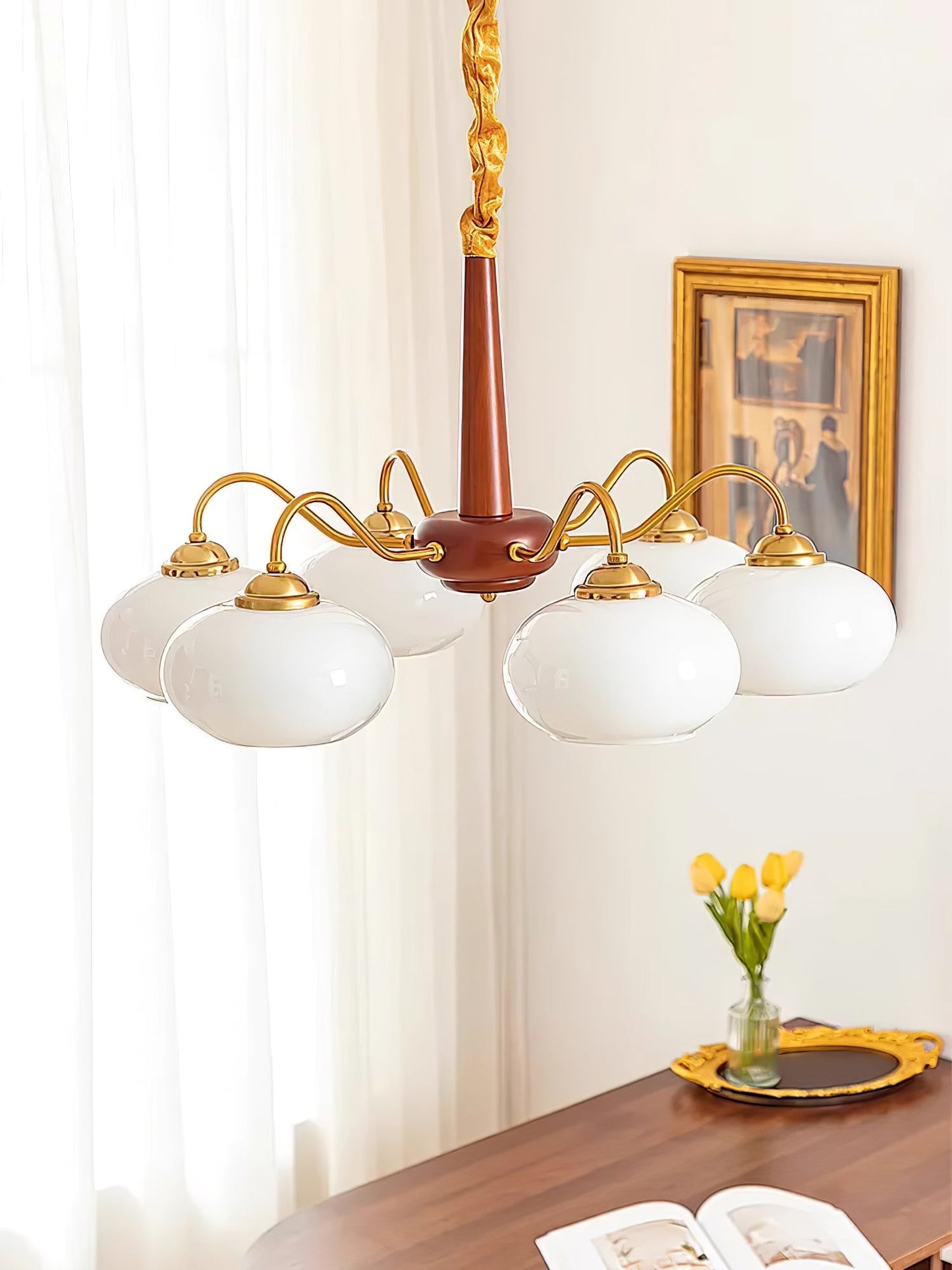 Persimmon Chandelier | Wood & Metal | Gold & Walnut Retro Style