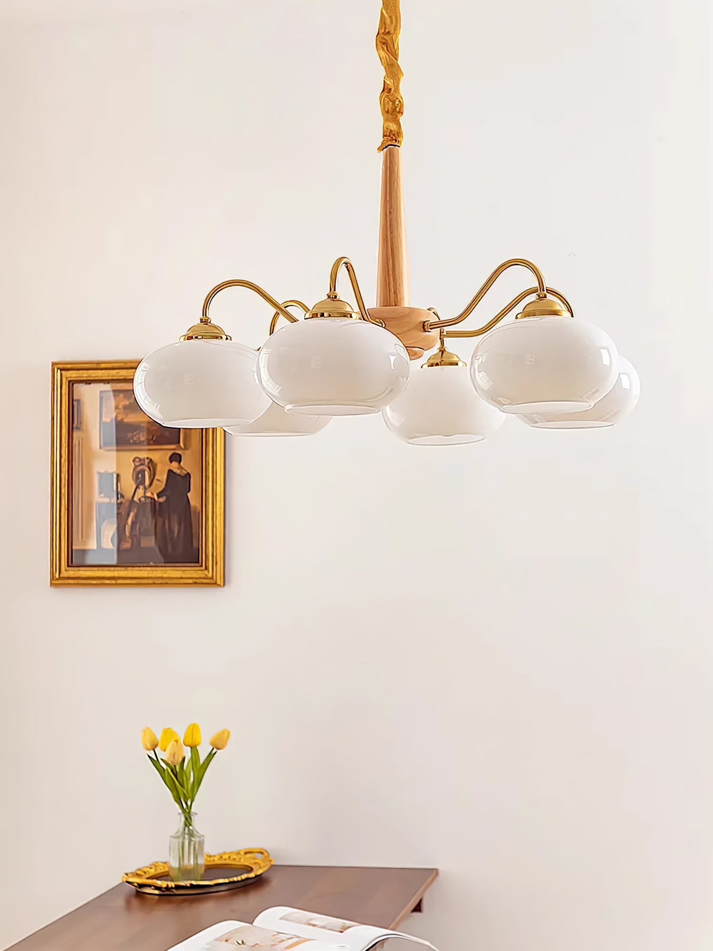 Persimmon Chandelier | Wood & Metal | Gold & Walnut Retro Style