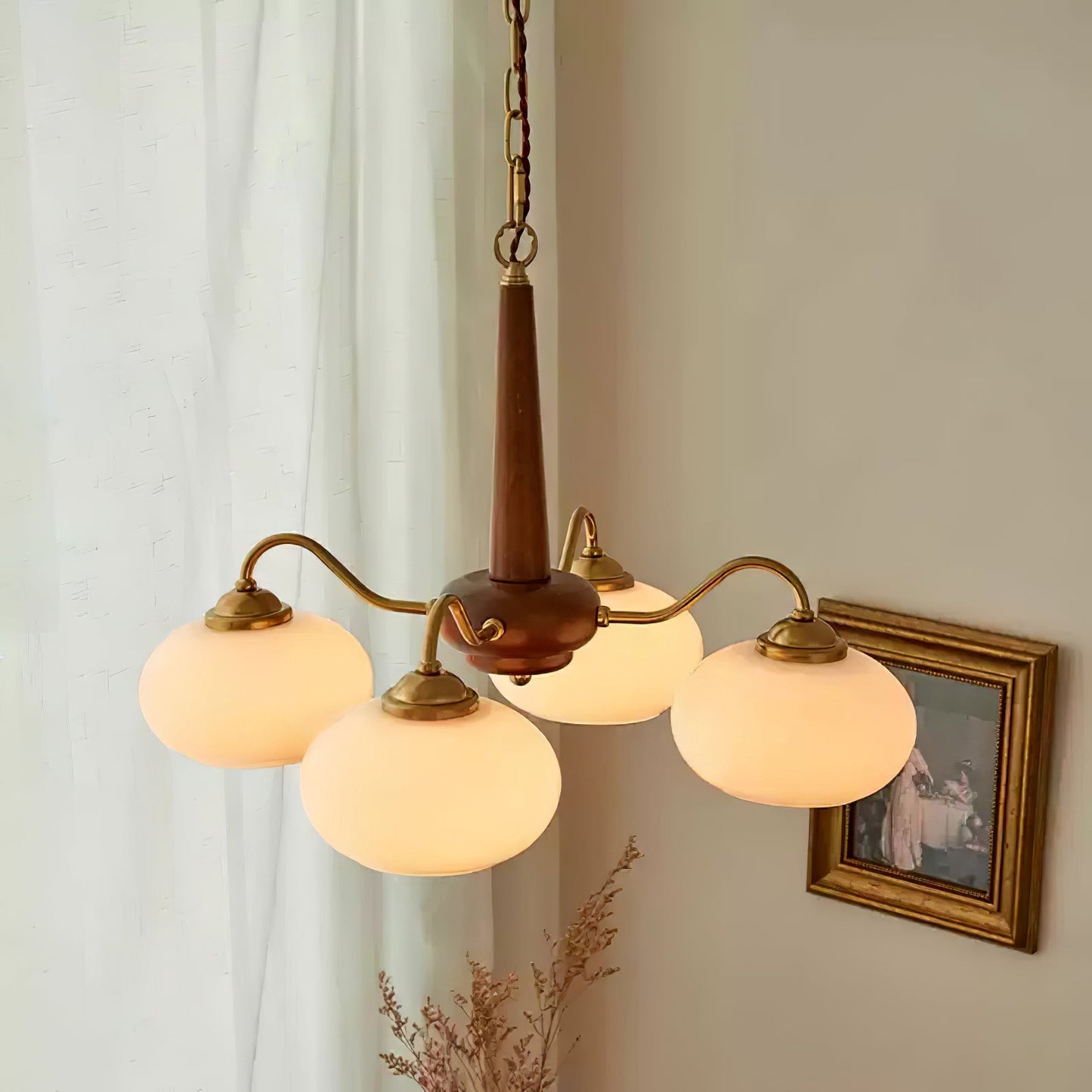 Persimmon Chandelier | Wood & Metal | Gold & Walnut Retro Style
