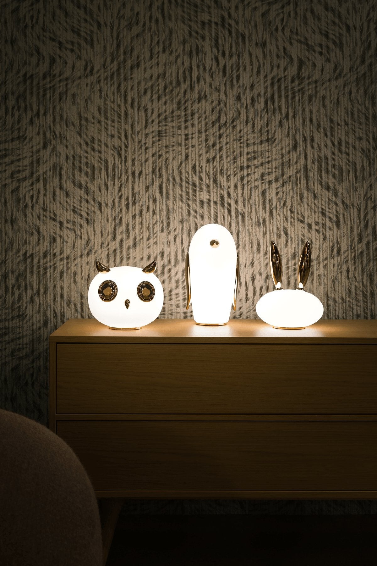 Animal Table Lamp | Frosted Glass & Gold Accents | Owl, Rabbit & Penguin Characters