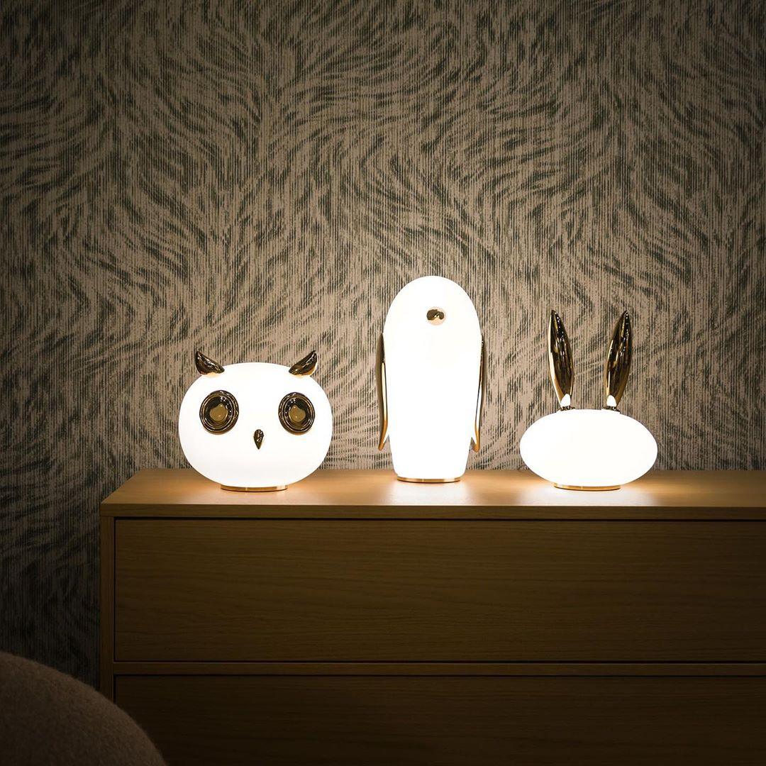 Animal Table Lamp | Frosted Glass & Gold Accents | Owl, Rabbit & Penguin Characters