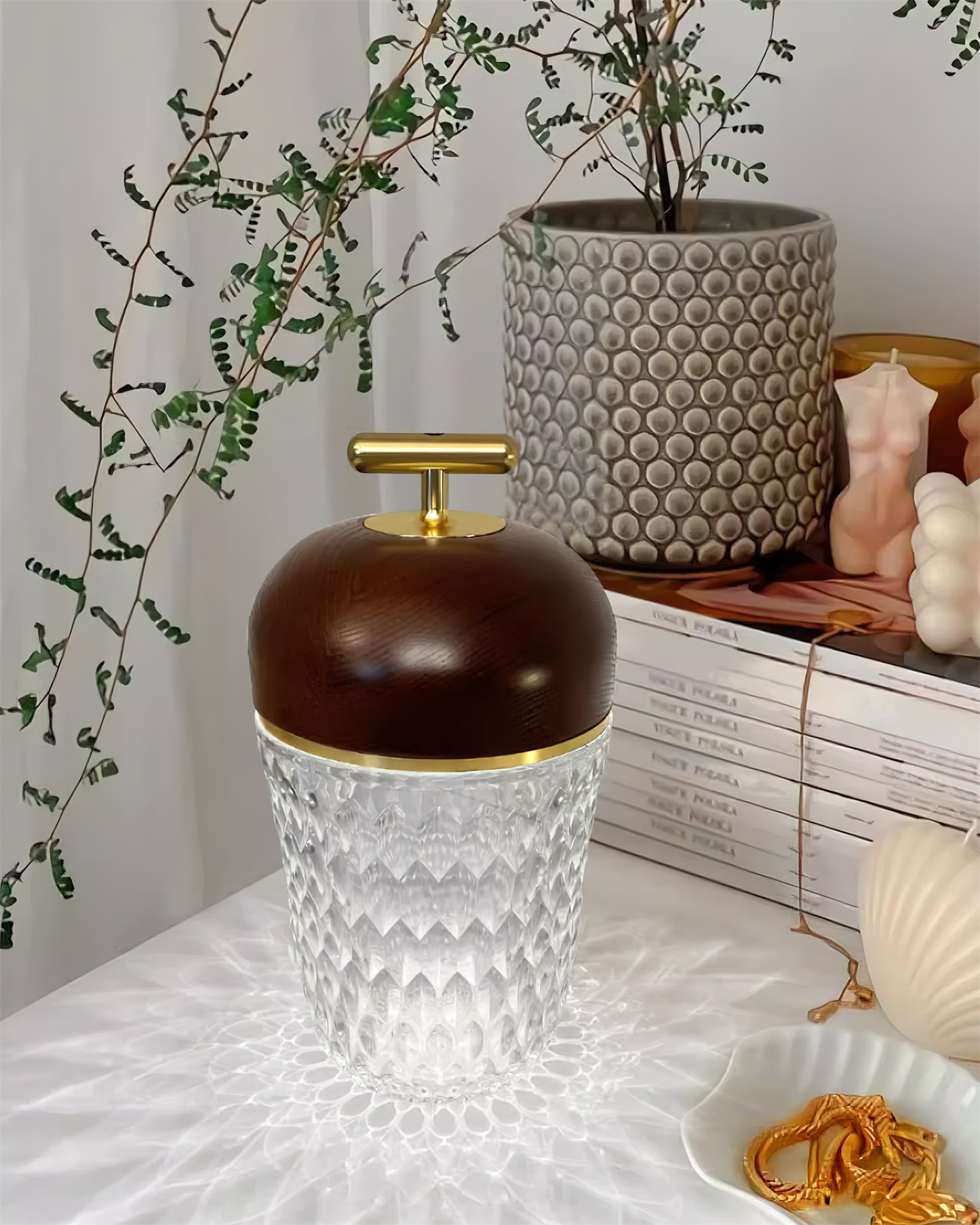 Pine Cone Table Lamp | Crystal Glass & Metal | Walnut Color