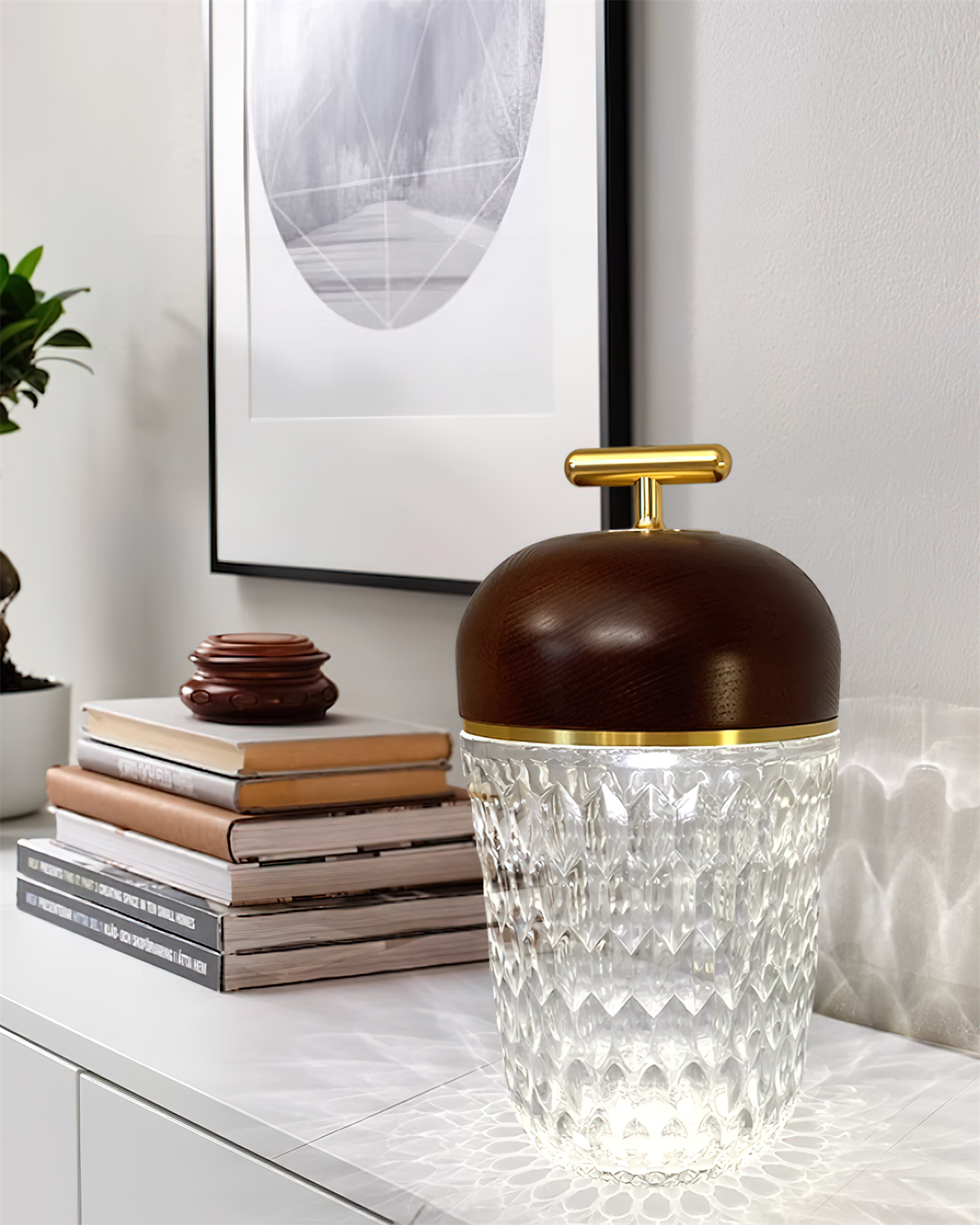 Pine Cone Table Lamp | Crystal Glass & Metal | Walnut Color