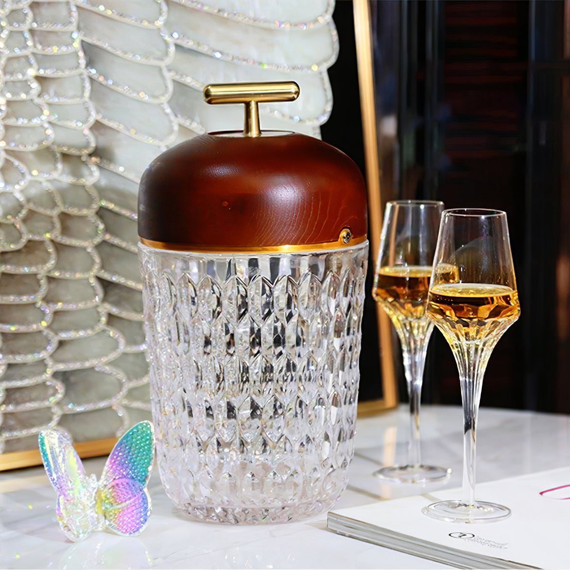 Pine Cone Table Lamp | Crystal Glass & Metal | Walnut Color