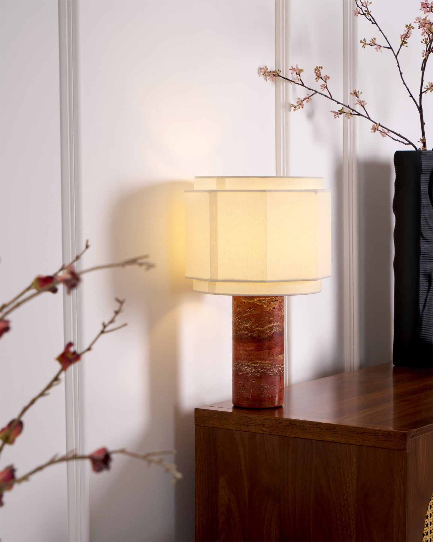 Terra Hexa Table Lamp | Red Travertine Base | White Fabric Shade