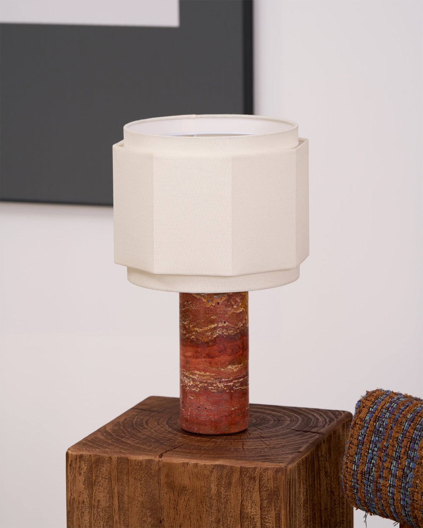 Terra Hexa Table Lamp | Red Travertine Base | White Fabric Shade