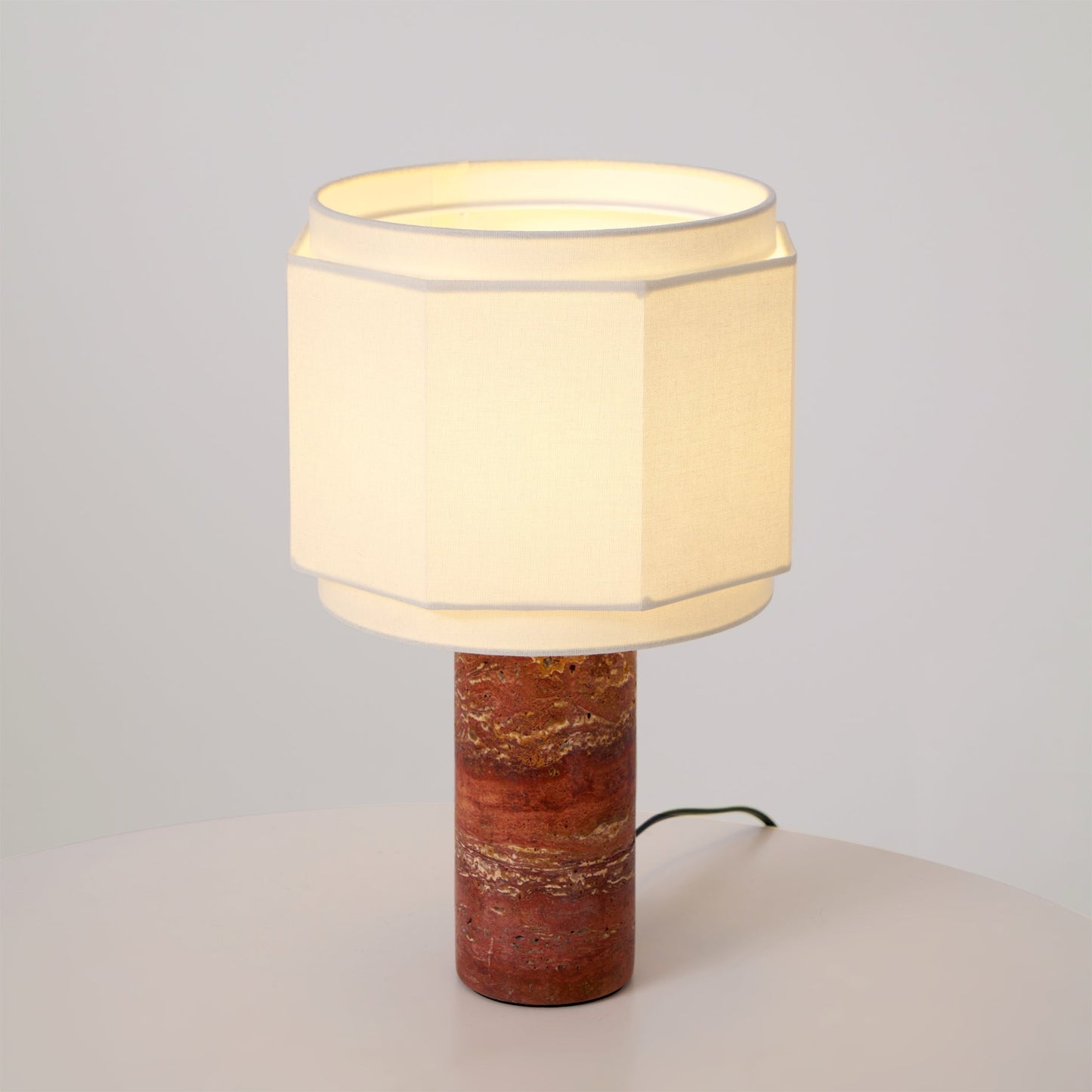Terra Hexa Table Lamp | Red Travertine Base | White Fabric Shade
