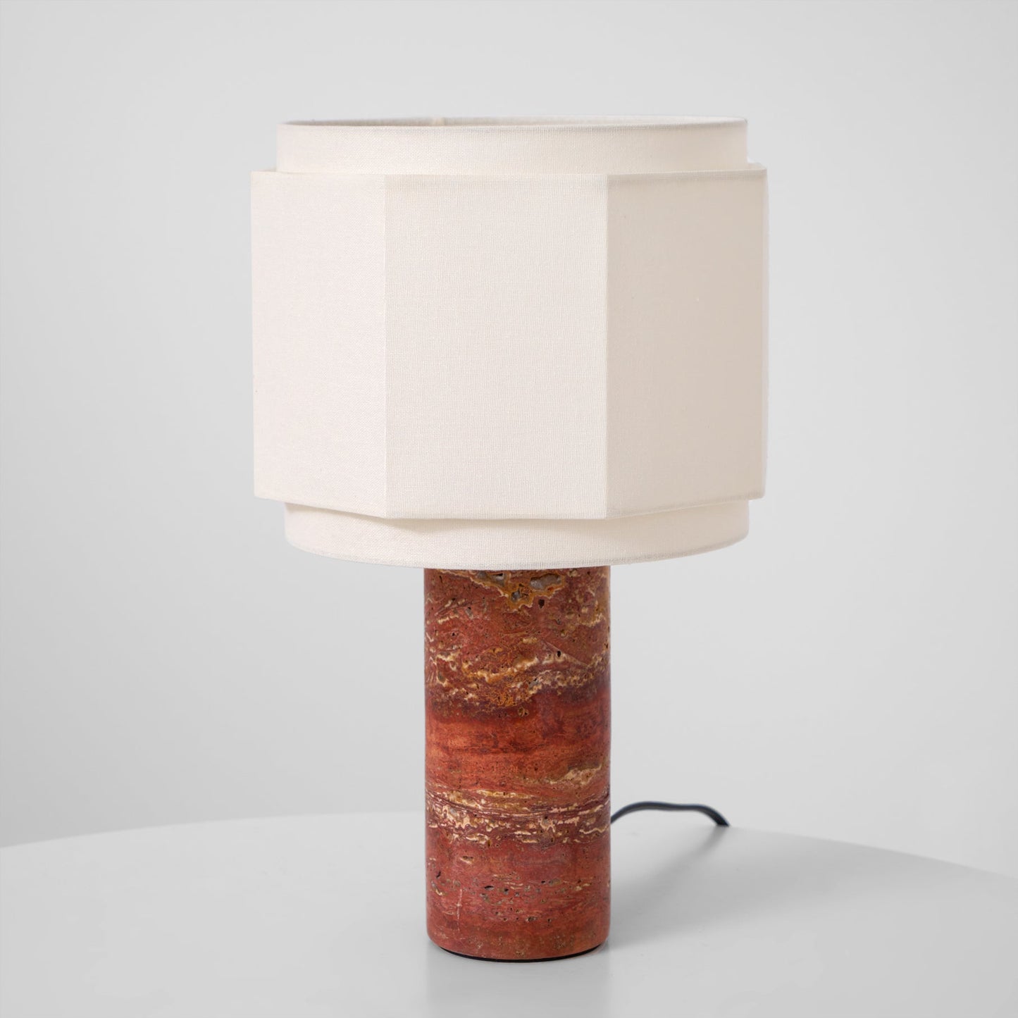 Terra Hexa Table Lamp | Red Travertine Base | White Fabric Shade