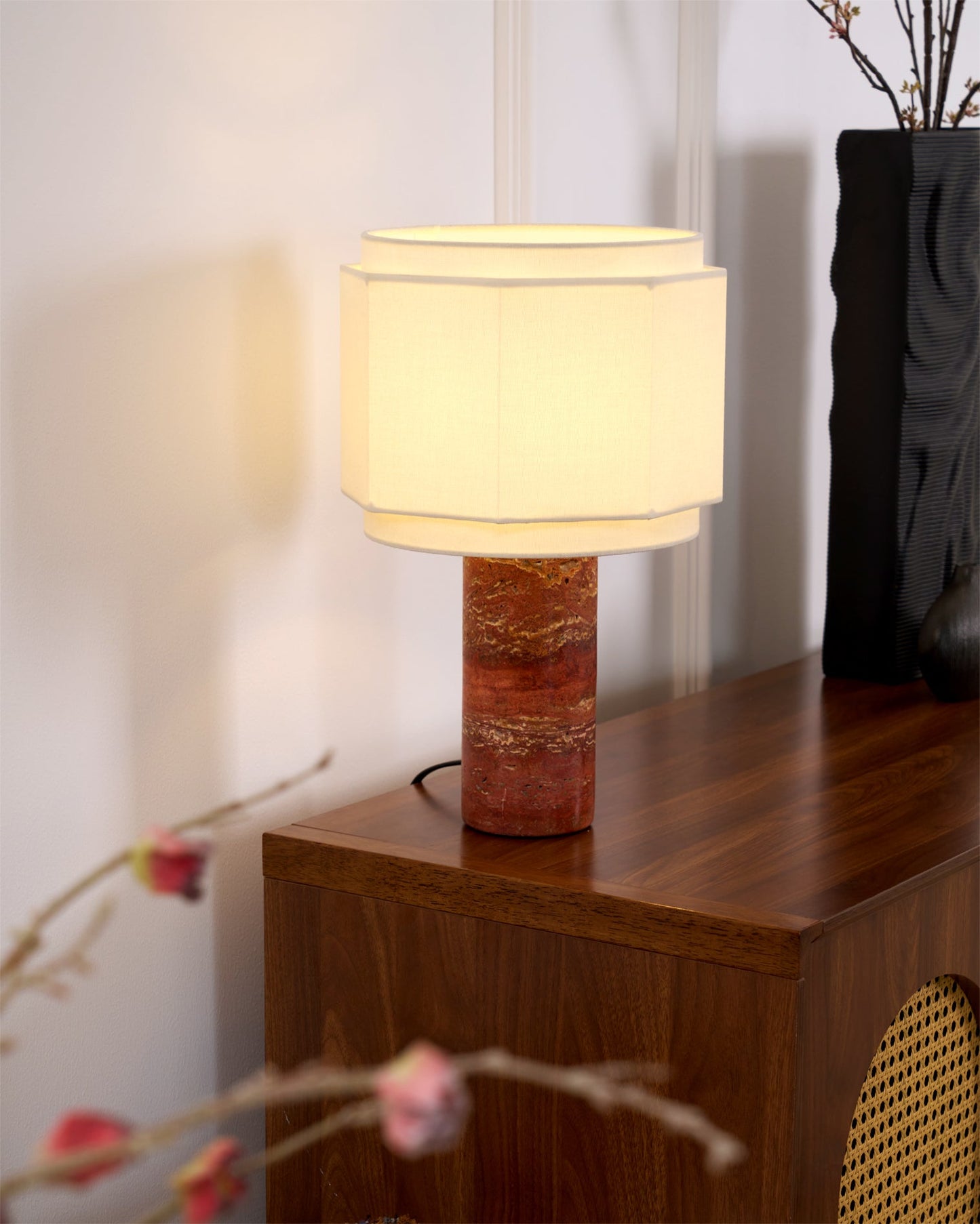 Terra Hexa Table Lamp | Red Travertine Base | White Fabric Shade