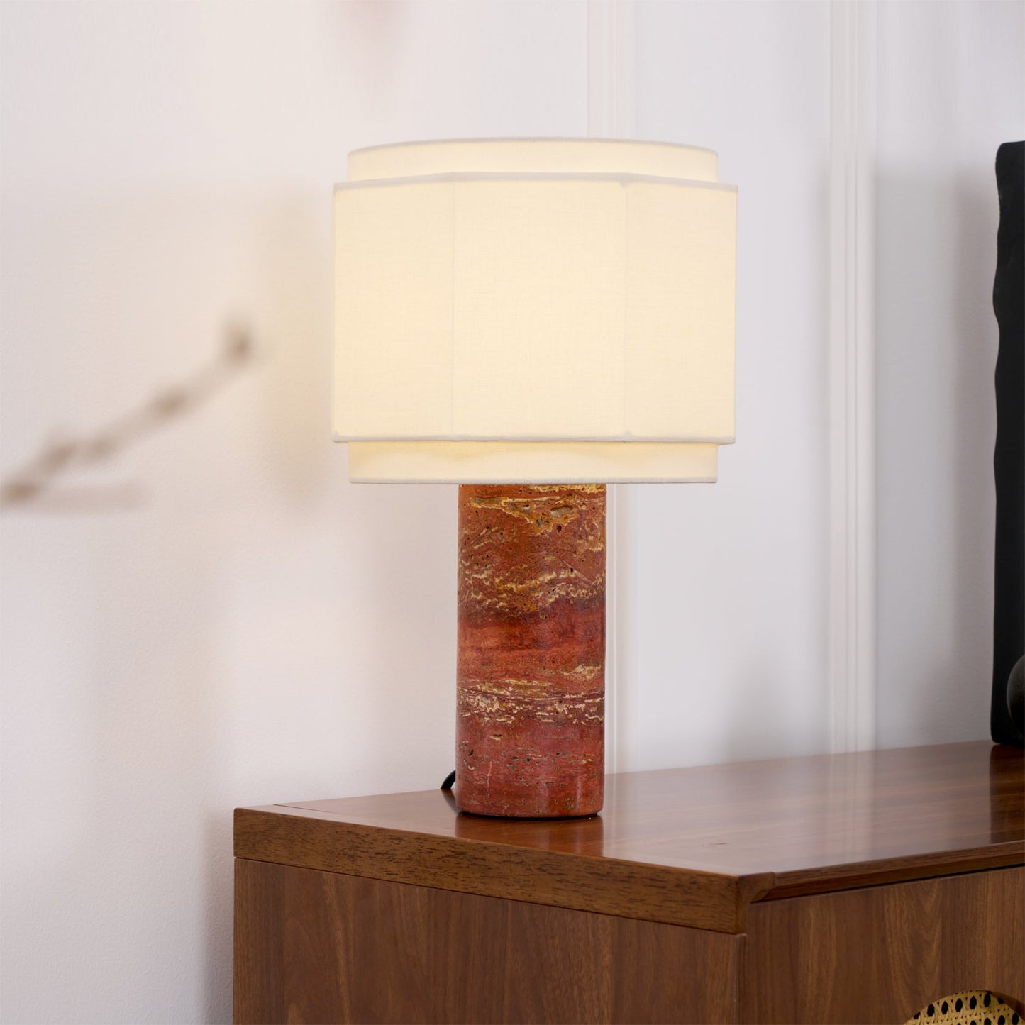 Terra Hexa Table Lamp | Red Travertine Base | White Fabric Shade