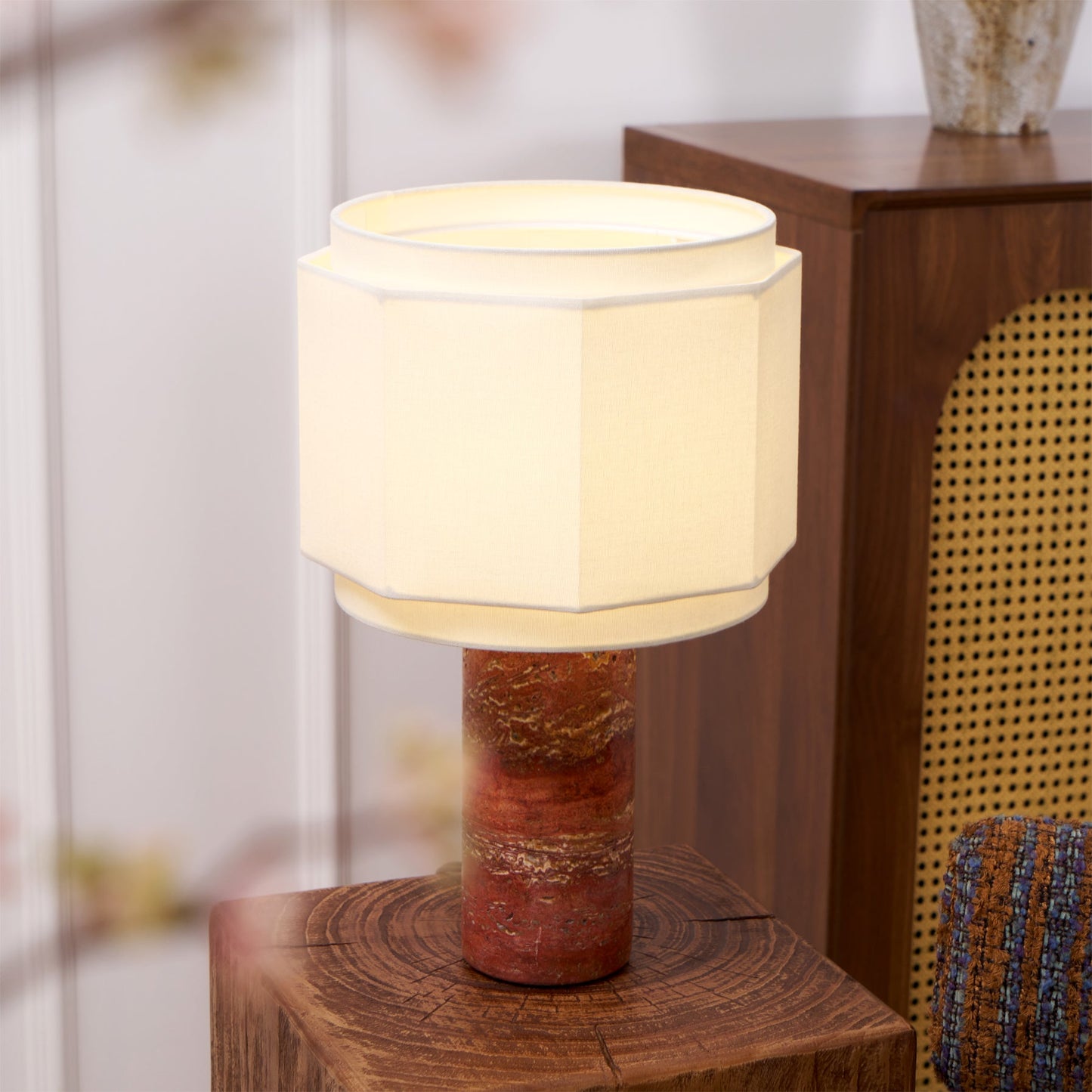 Terra Hexa Table Lamp | Red Travertine Base | White Fabric Shade