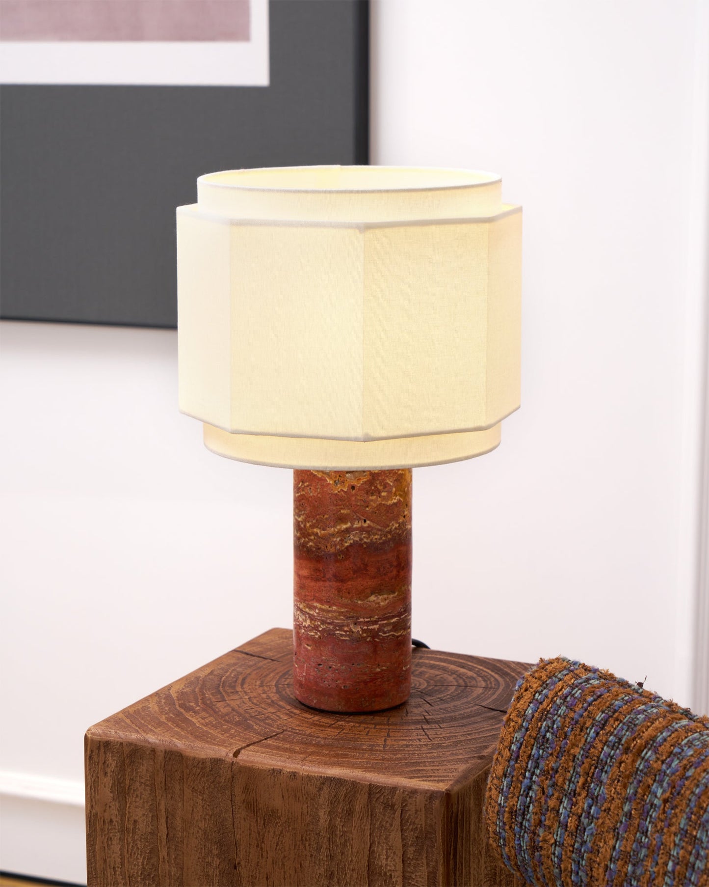 Terra Hexa Table Lamp | Red Travertine Base | White Fabric Shade