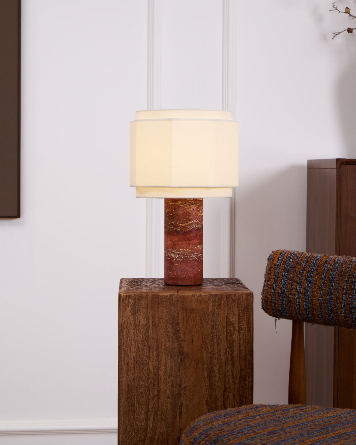 Terra Hexa Table Lamp | Red Travertine Base | White Fabric Shade