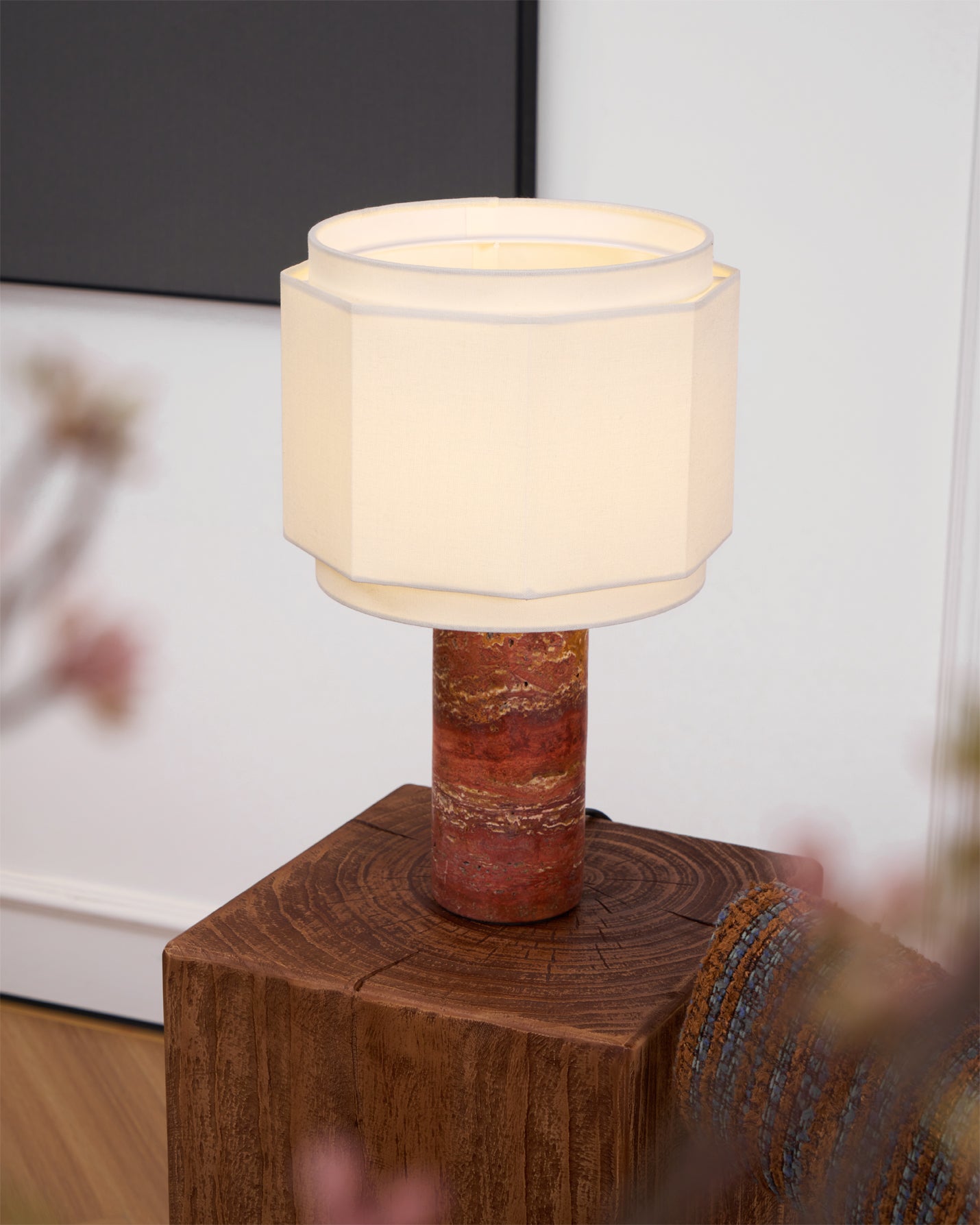 Terra Hexa Table Lamp | Red Travertine Base | White Fabric Shade
