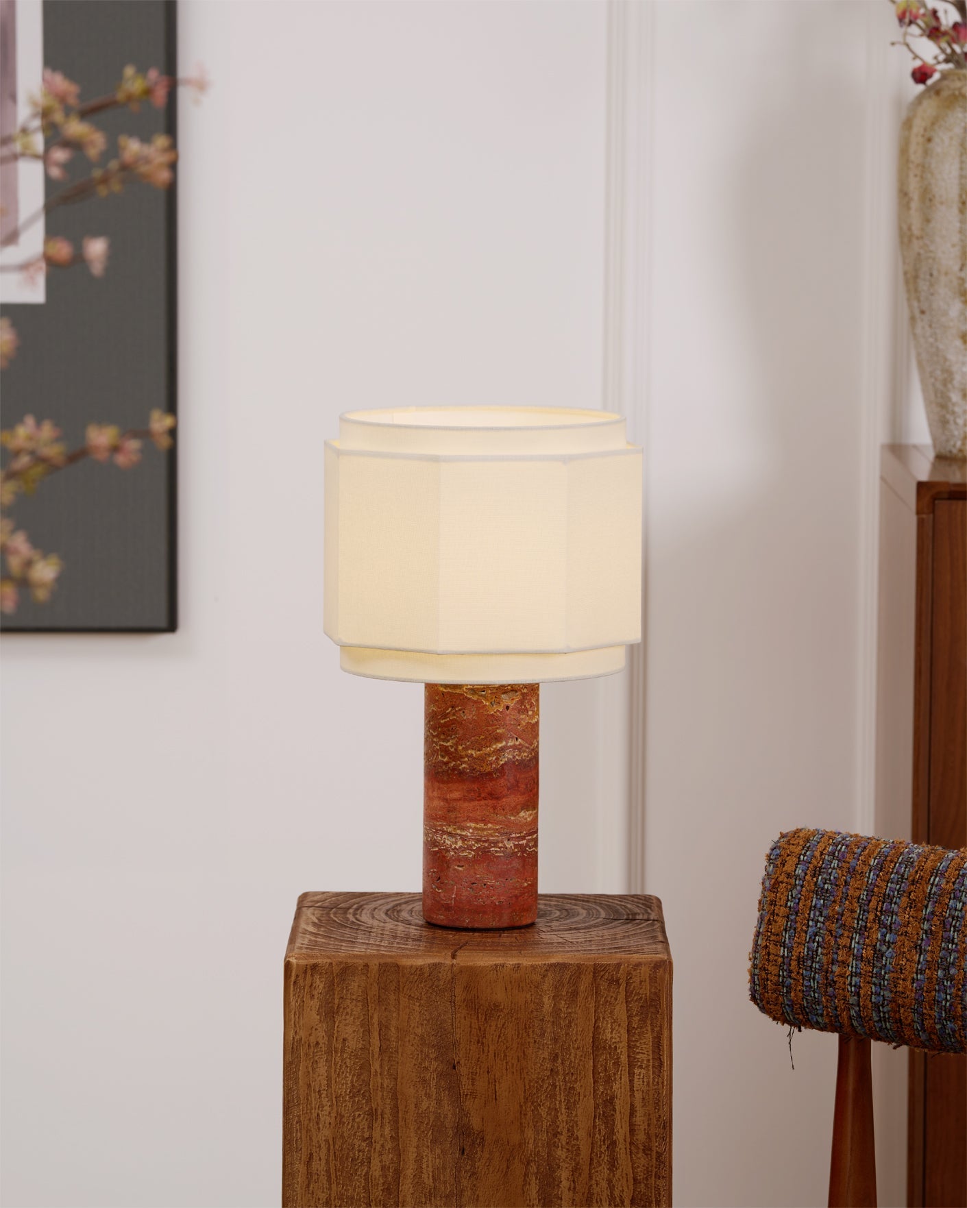 Terra Hexa Table Lamp | Red Travertine Base | White Fabric Shade