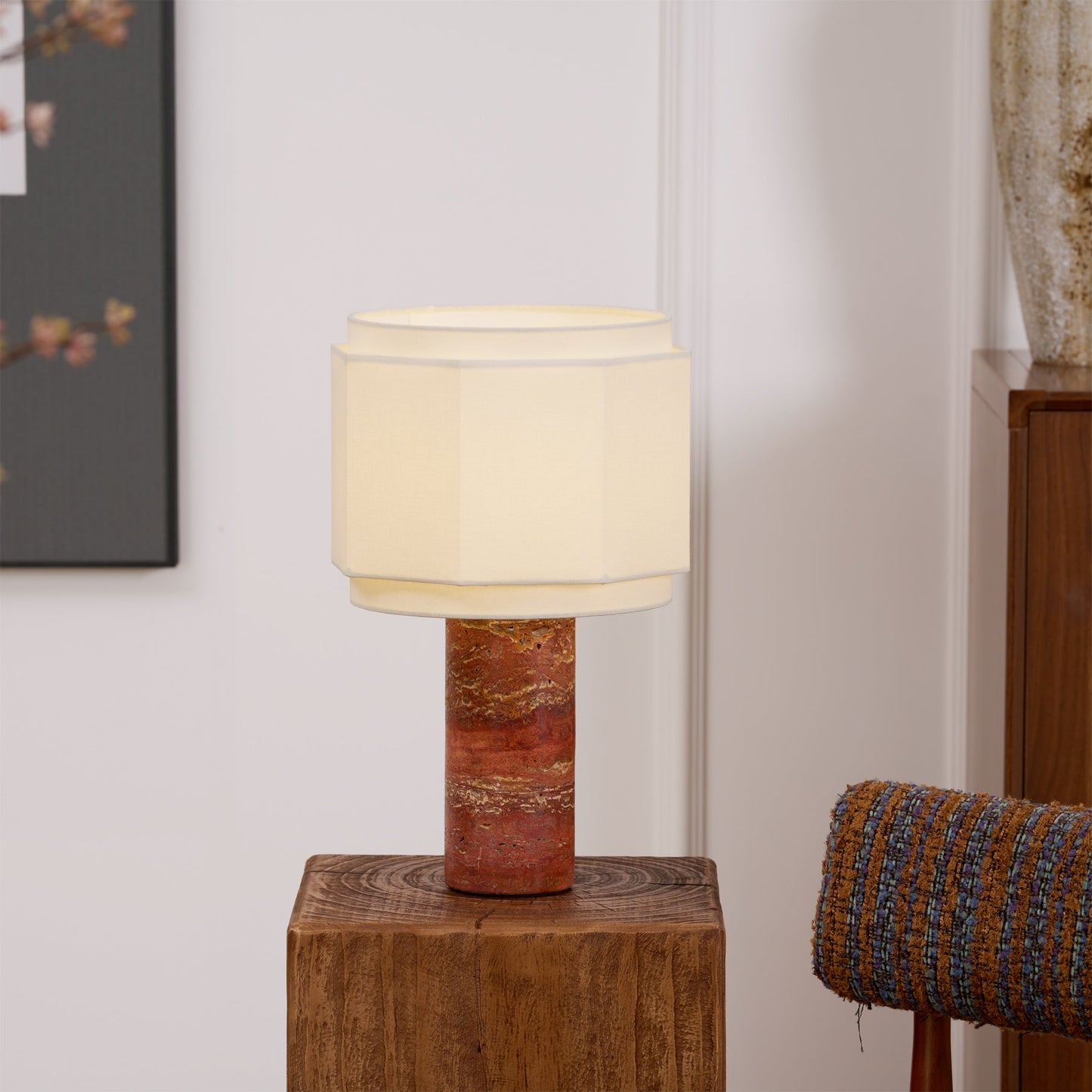 Terra Hexa Table Lamp | Red Travertine Base | White Fabric Shade