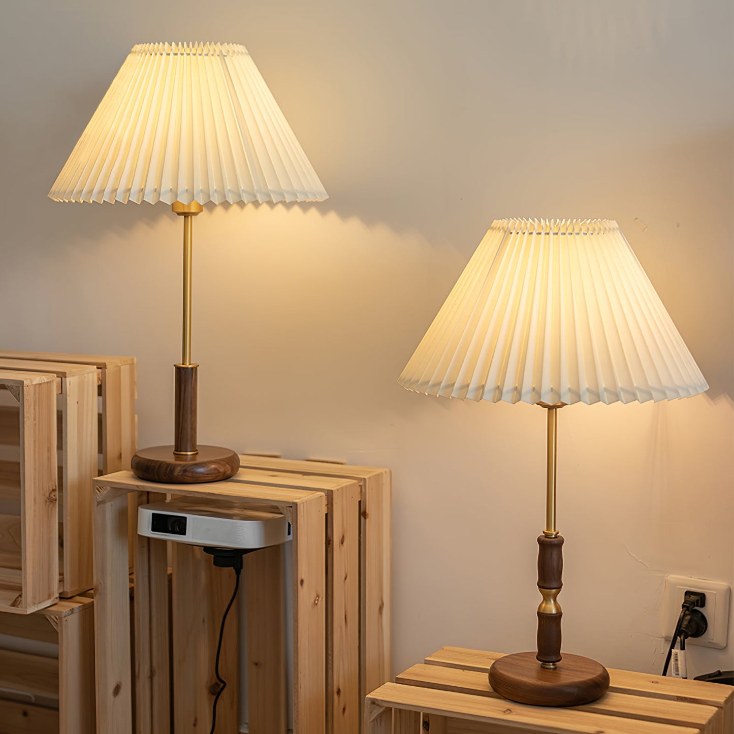 Table Lamp | Walnut Wood Base & White Fabric Shade | 36cm Diameter