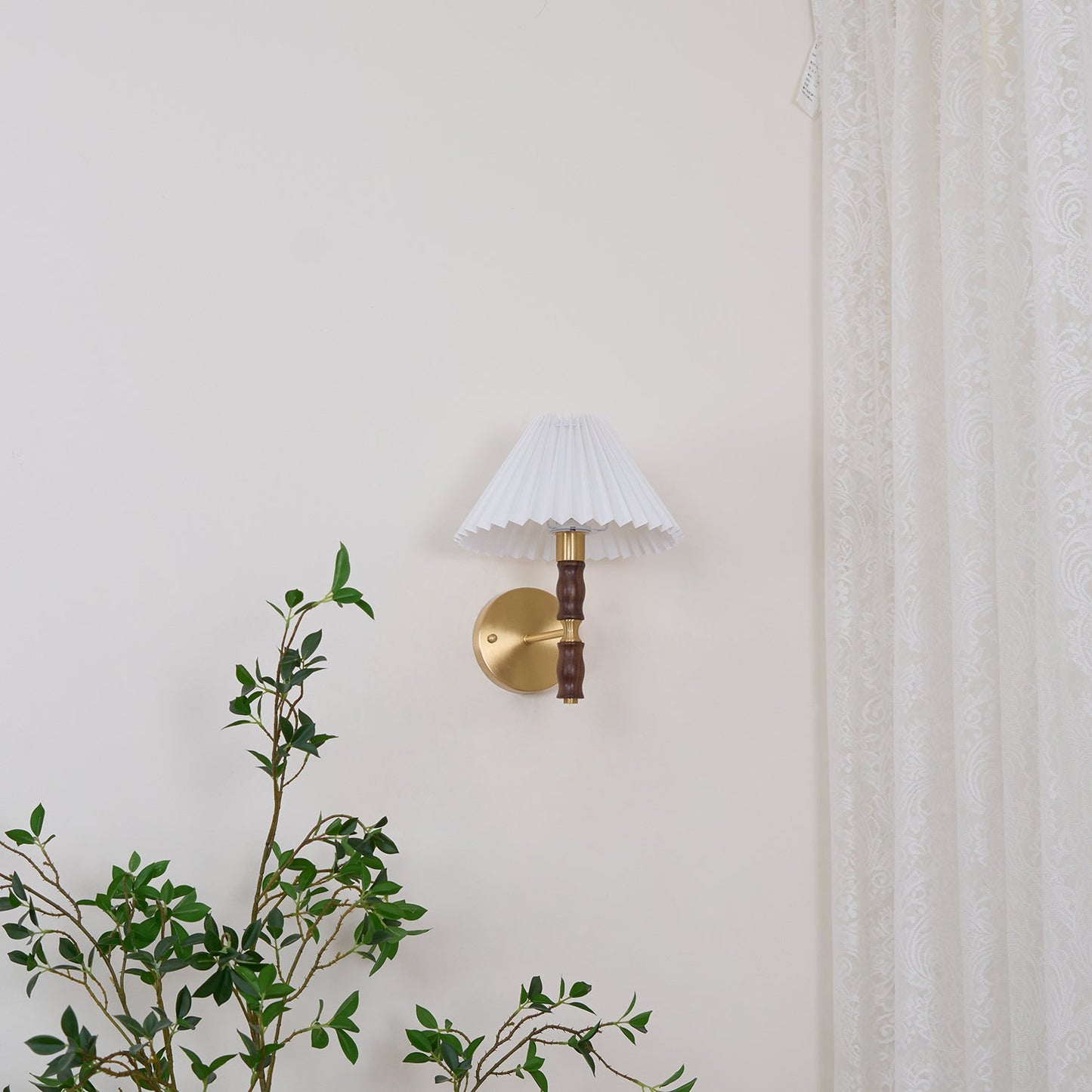 Walnut Wall Light | Pleated Fabric | Set of 2