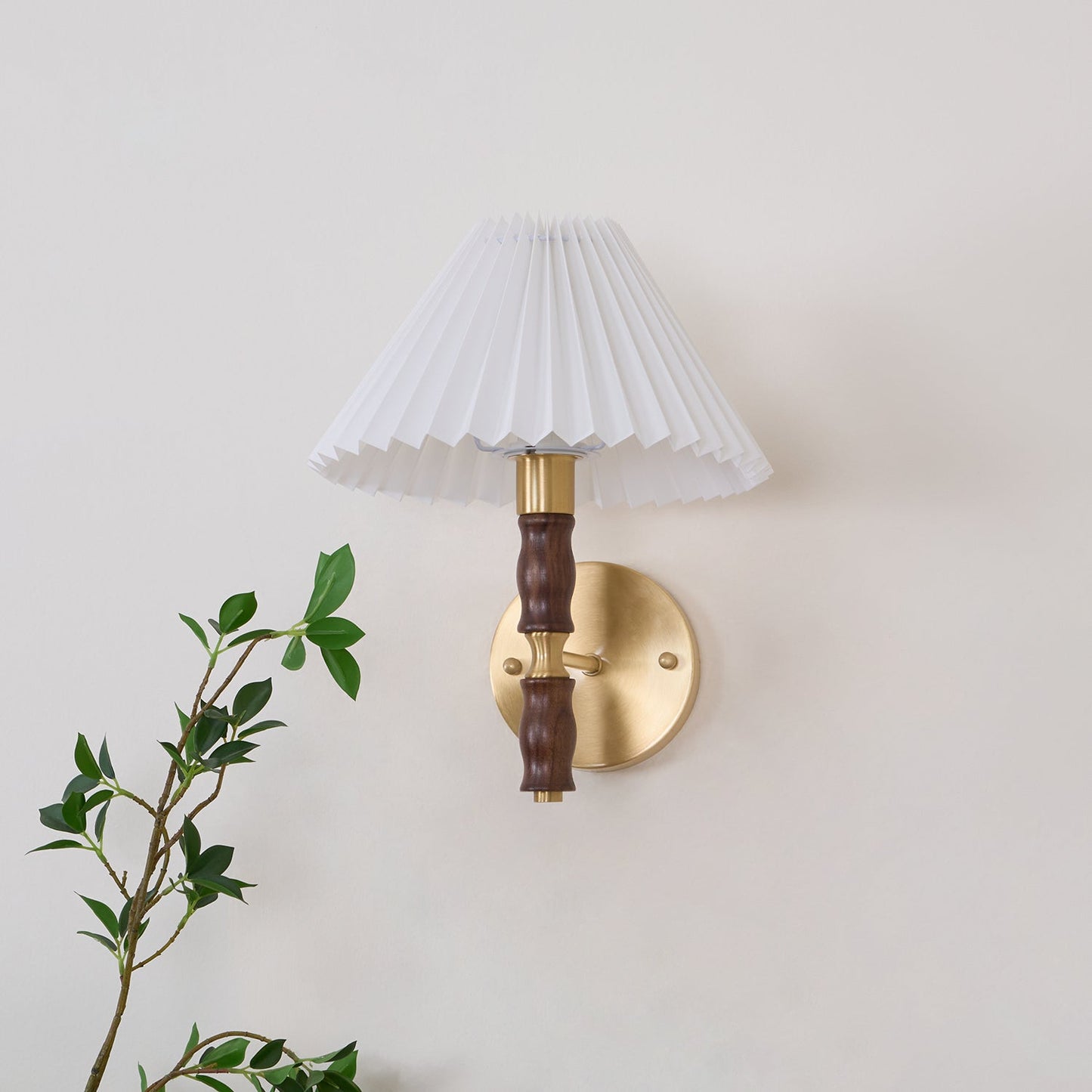 Walnut Wall Light | Pleated Fabric | Set of 2