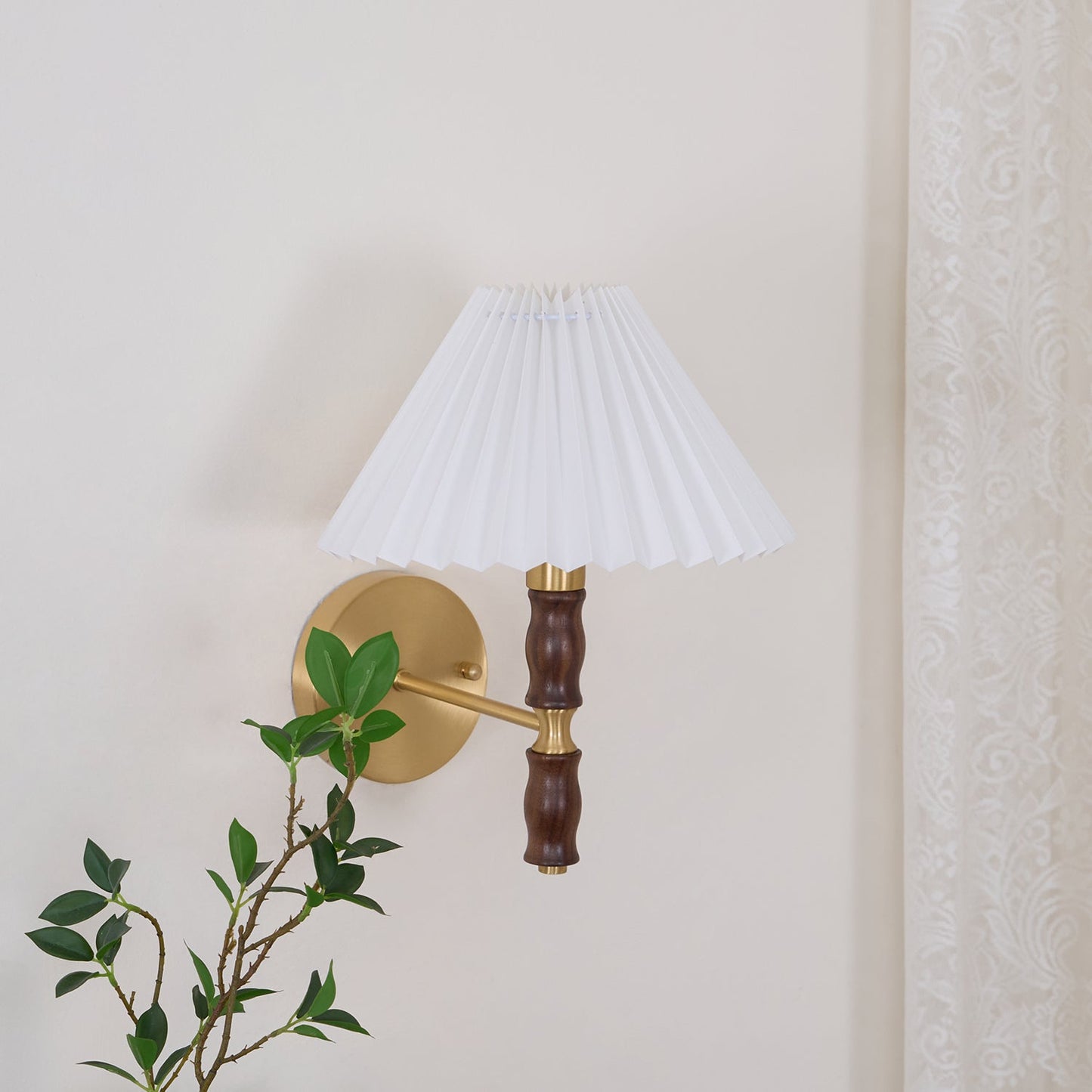 Walnut Wall Light | Pleated Fabric | Set of 2