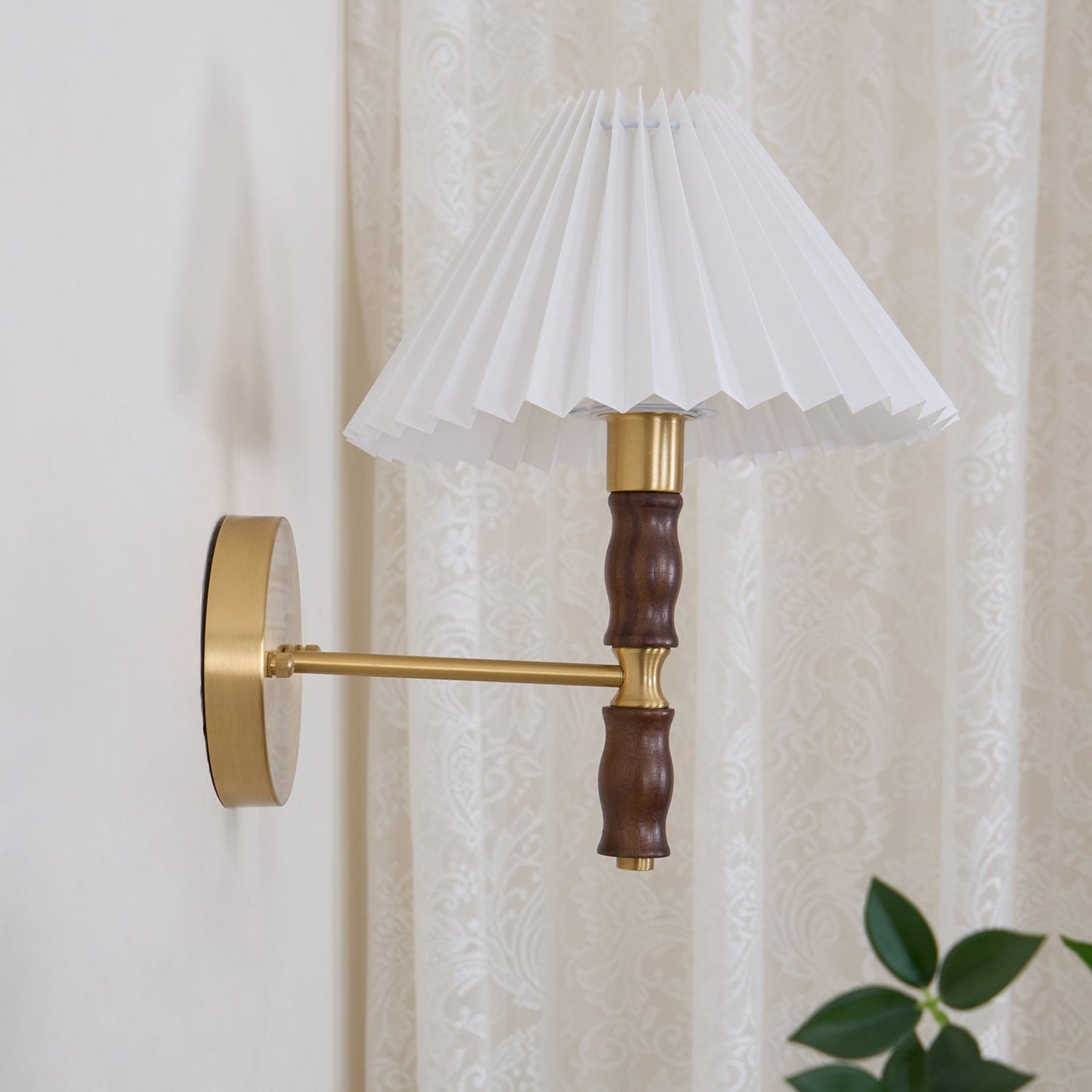 Walnut Wall Light | Pleated Fabric | Set of 2