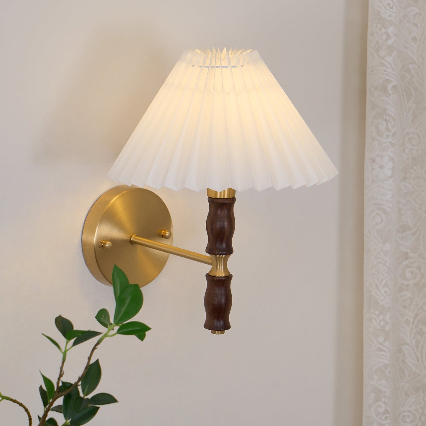Walnut Wall Light | Pleated Fabric | Set of 2