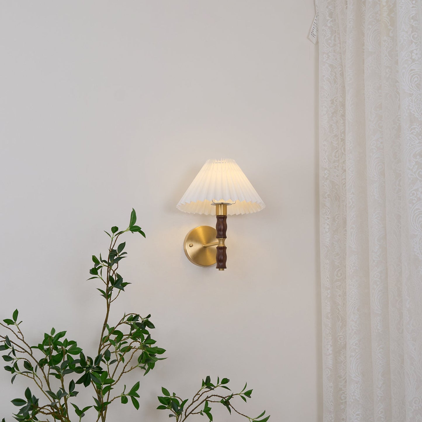 Walnut Wall Light | Pleated Fabric | Set of 2