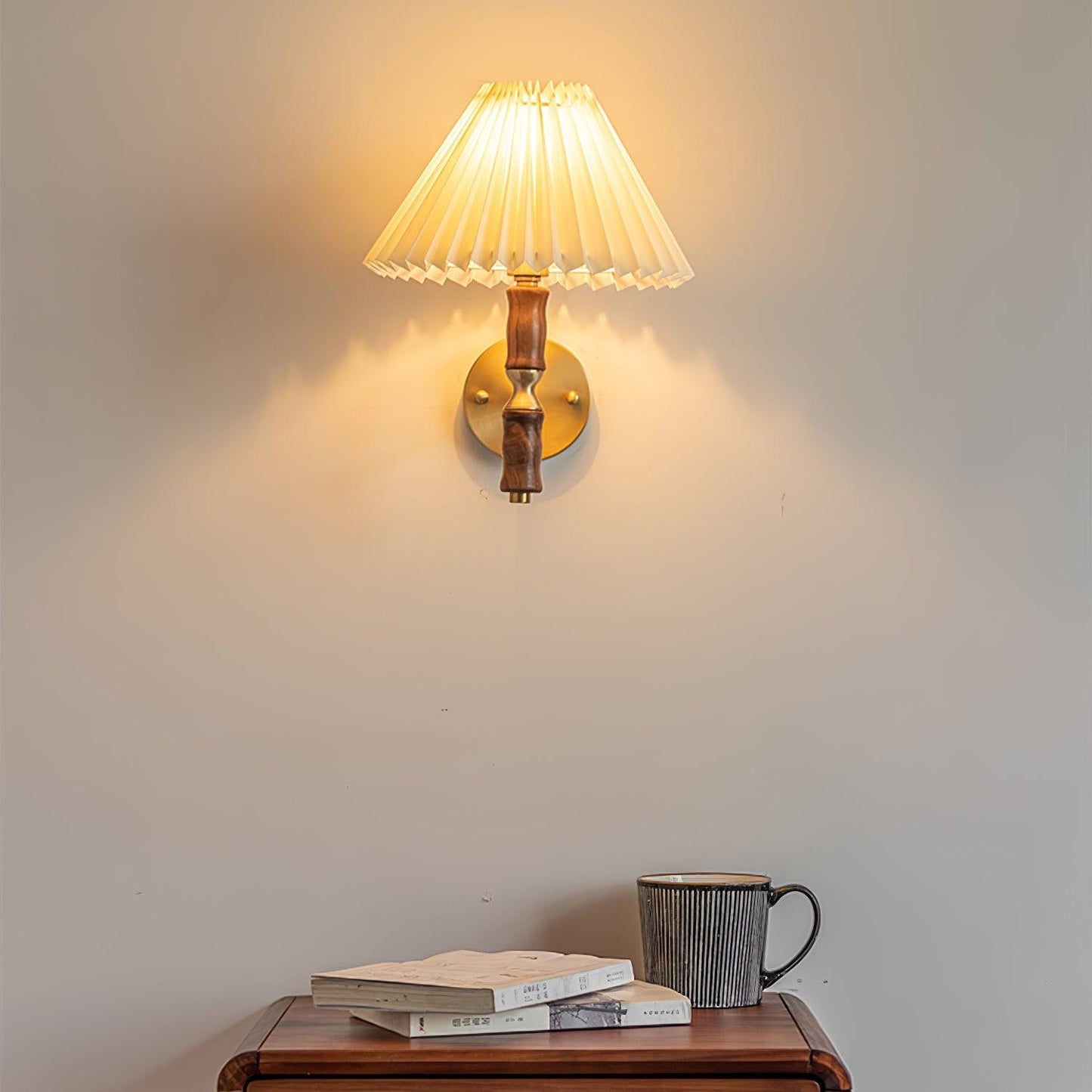 Walnut Wall Light | Pleated Fabric | Set of 2