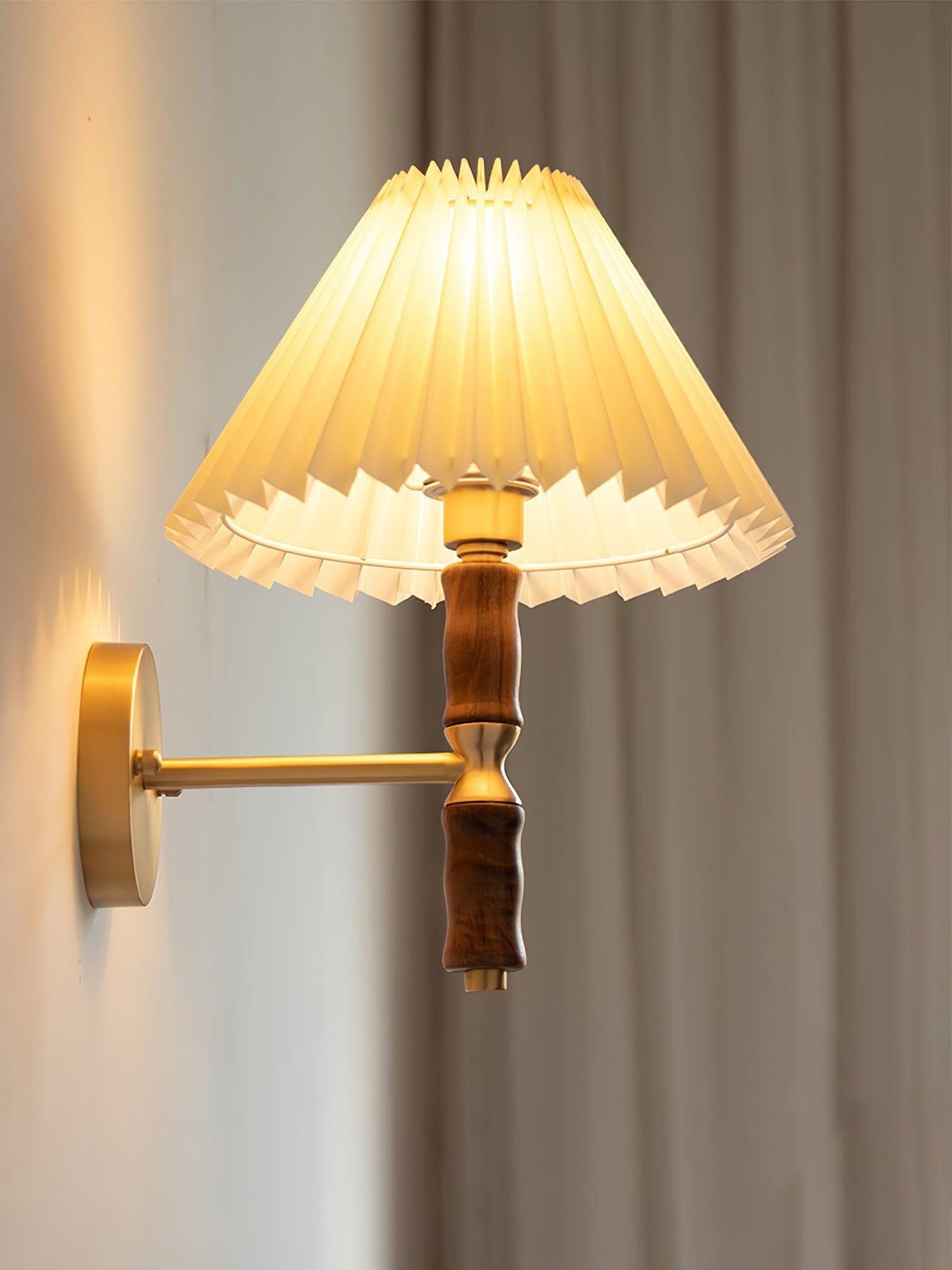 Walnut Wall Light | Pleated Fabric | Set of 2