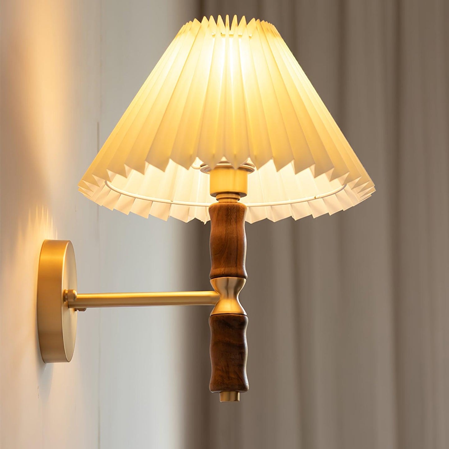 Walnut Wall Light | Pleated Fabric | Set of 2