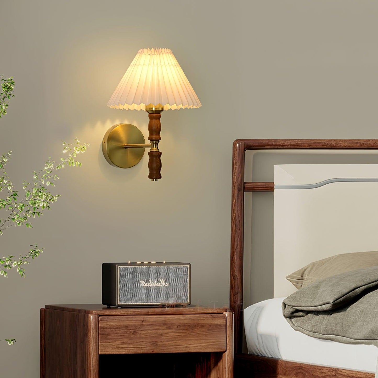 Walnut Wall Light | Pleated Fabric | Set of 2