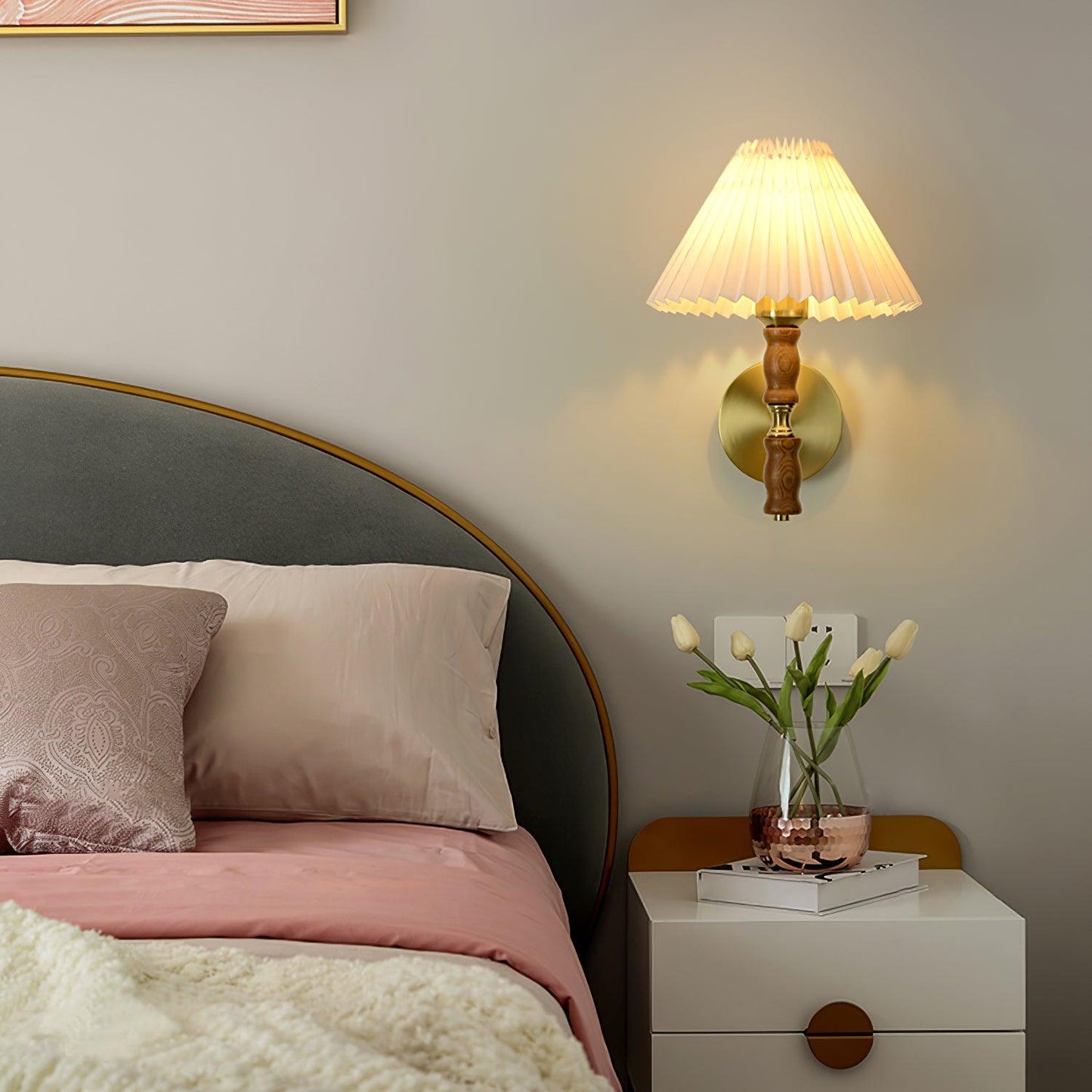 Walnut Wall Light | Pleated Fabric | Set of 2