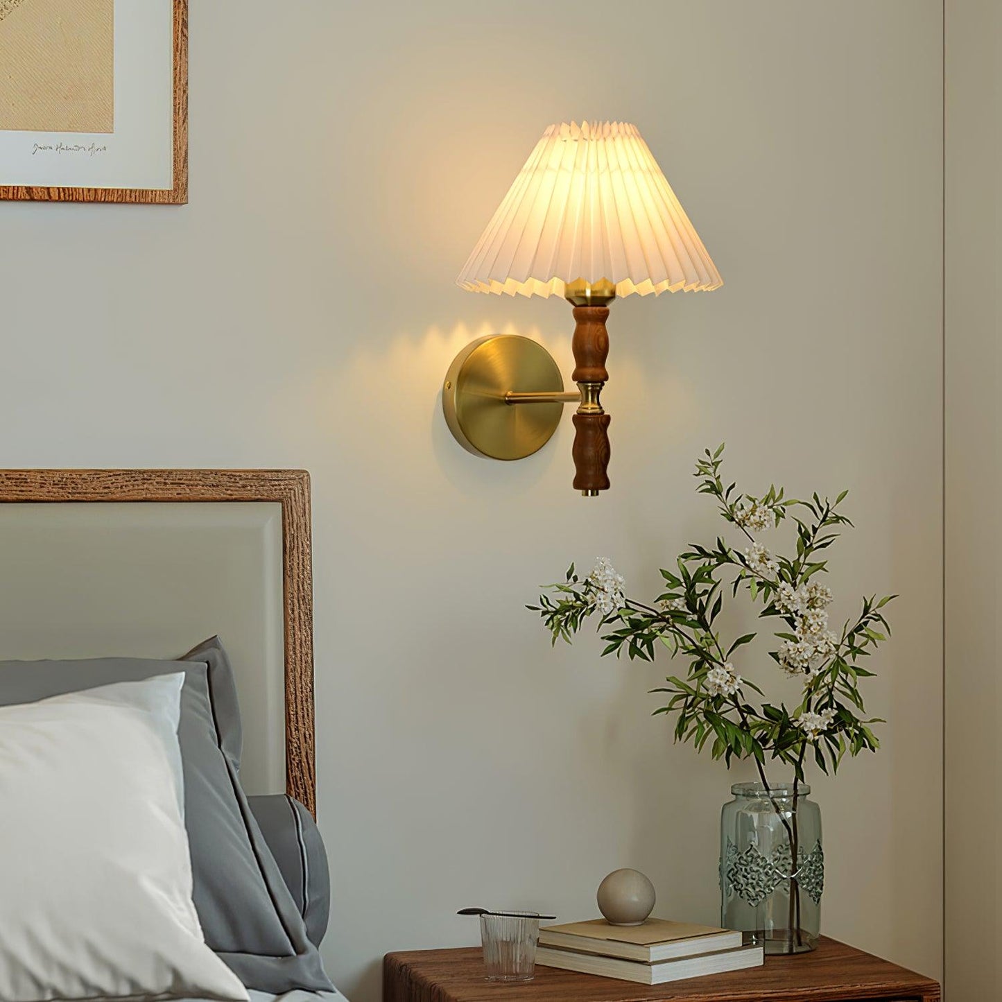 Walnut Wall Light | Pleated Fabric | Set of 2