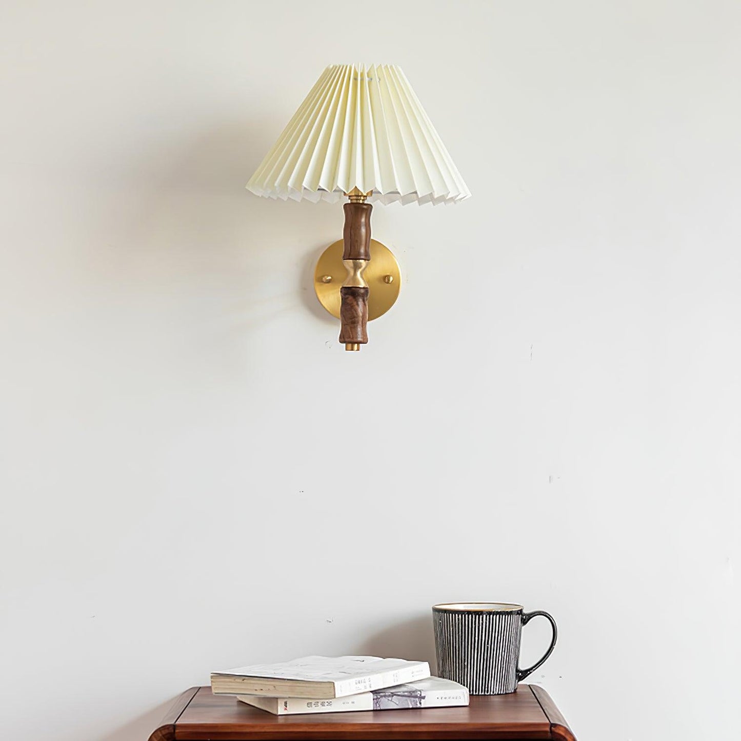 Walnut Wall Light | Pleated Fabric | Set of 2