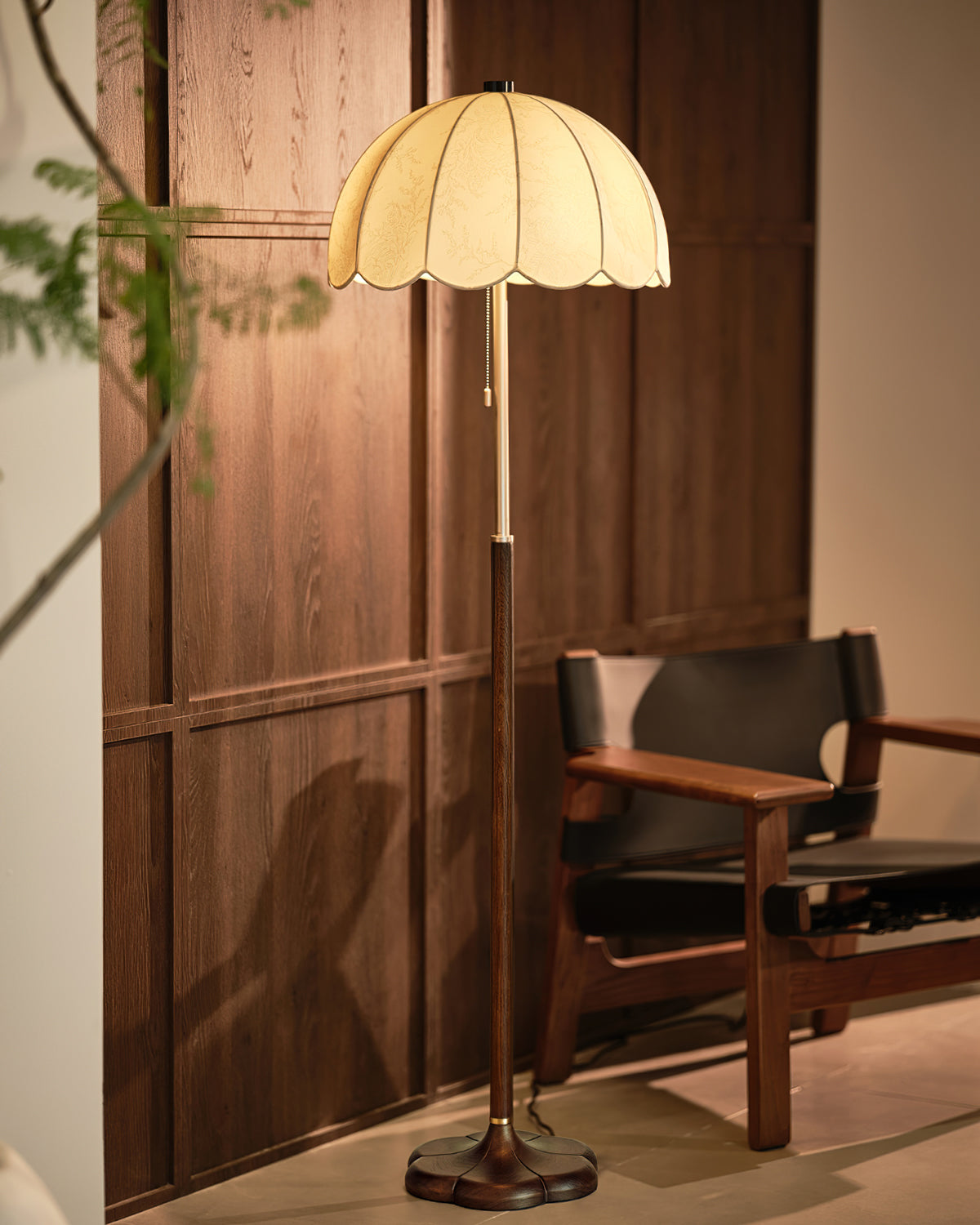Prague Petals Floor Lamp | Wooden Base & Fabric Shade | Walnut & White
