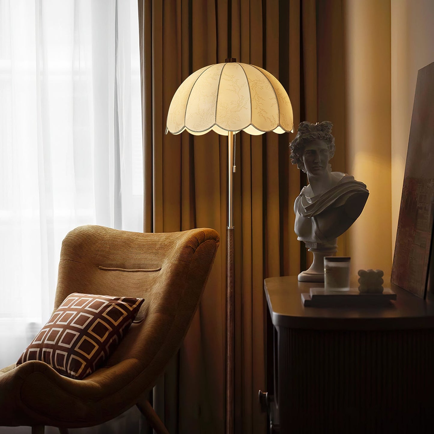 Prague Petals Floor Lamp | Wooden Base & Fabric Shade | Walnut & White