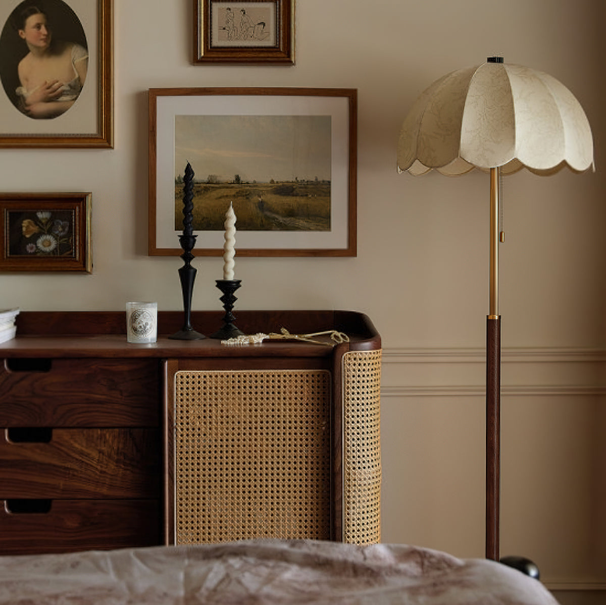 Prague Petals Floor Lamp | Wooden Base & Fabric Shade | Walnut & White