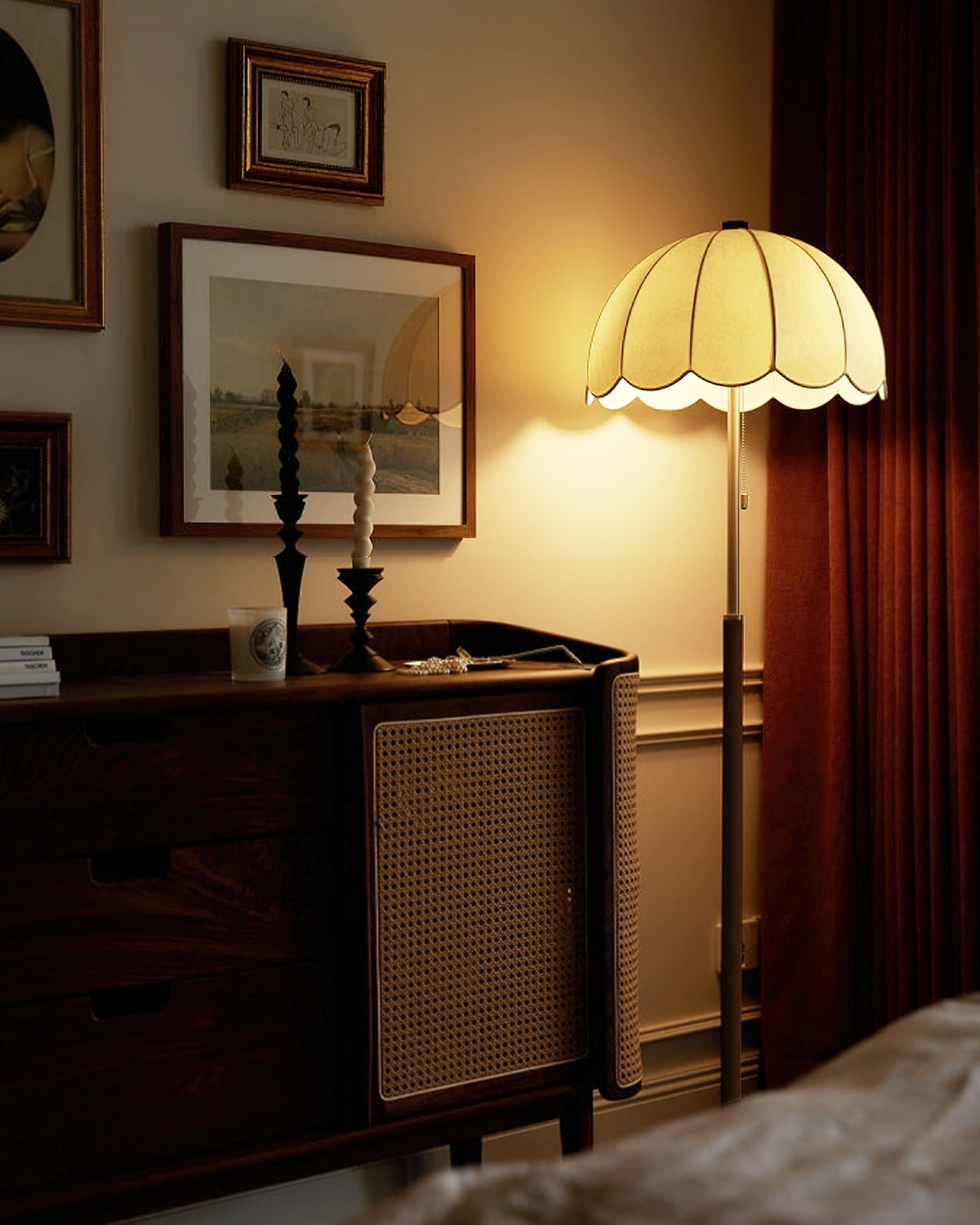 Prague Petals Floor Lamp | Wooden Base & Fabric Shade | Walnut & White