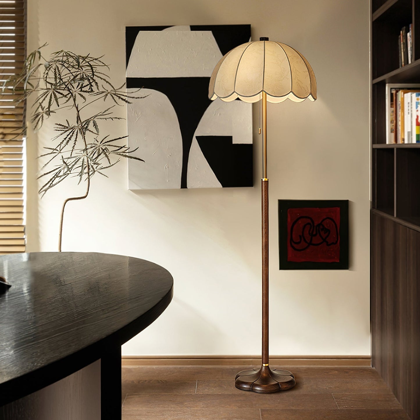 Prague Petals Floor Lamp | Wooden Base & Fabric Shade | Walnut & White
