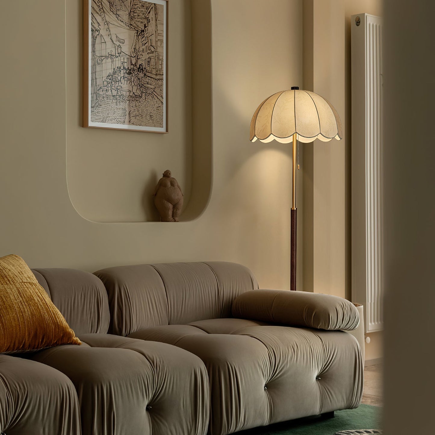 Prague Petals Floor Lamp | Wooden Base & Fabric Shade | Walnut & White