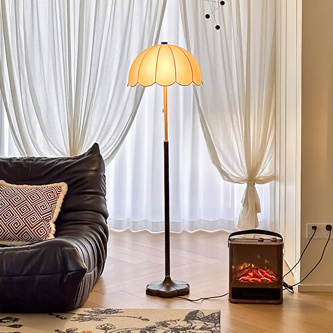 Prague Petals Floor Lamp | Wooden Base & Fabric Shade | Walnut & White