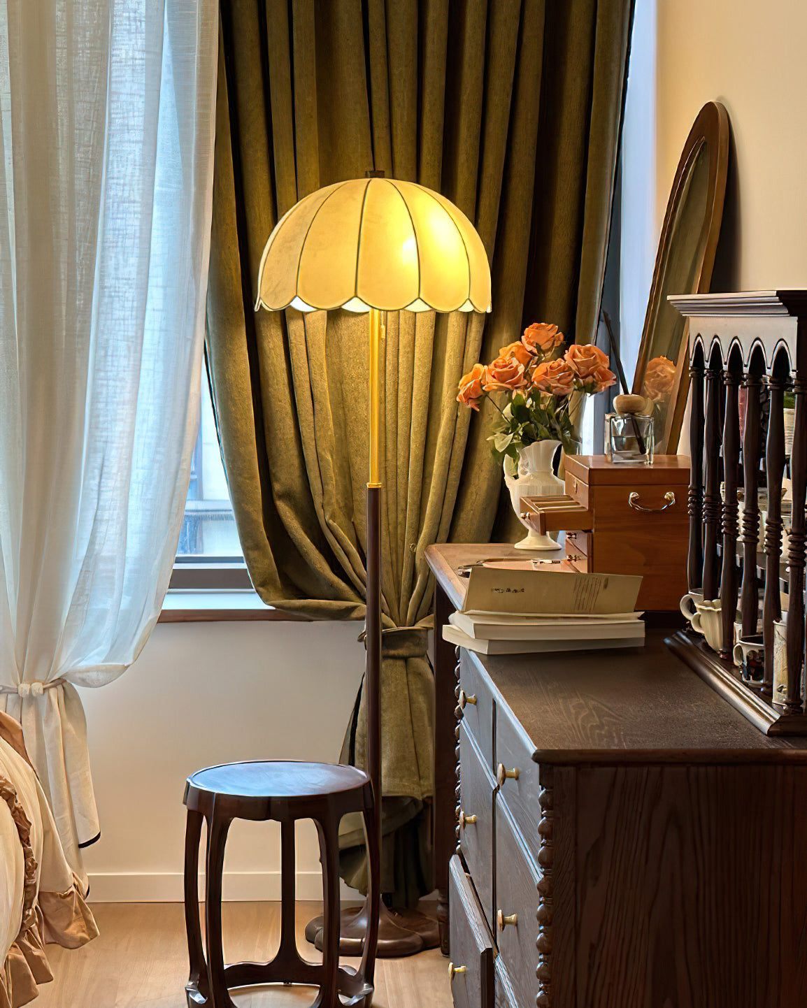 Prague Petals Floor Lamp | Wooden Base & Fabric Shade | Walnut & White
