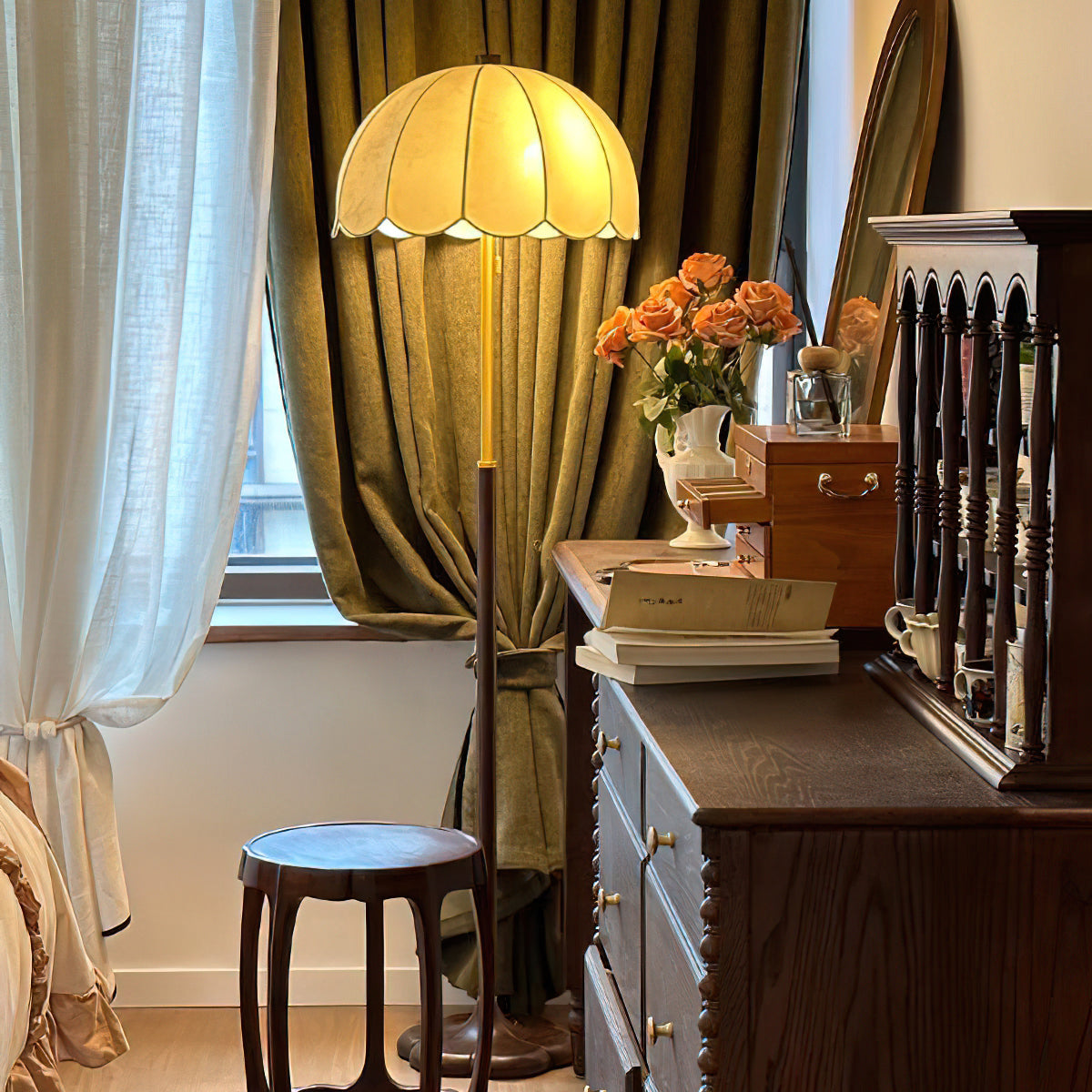 Prague Petals Floor Lamp | Wooden Base & Fabric Shade | Walnut & White