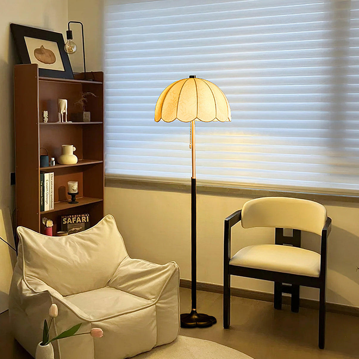 Prague Petals Floor Lamp | Wooden Base & Fabric Shade | Walnut & White