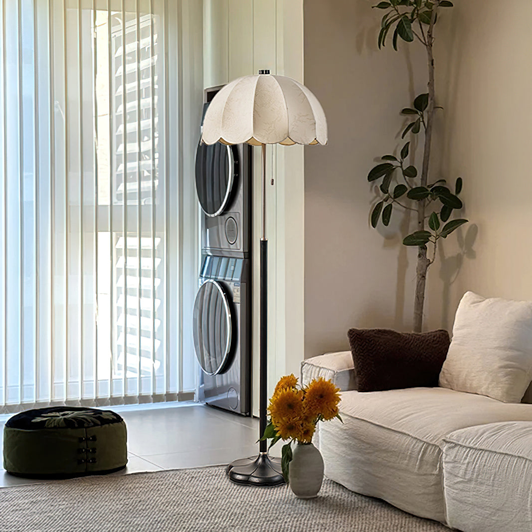 Prague Petals Floor Lamp | Wooden Base & Fabric Shade | Walnut & White