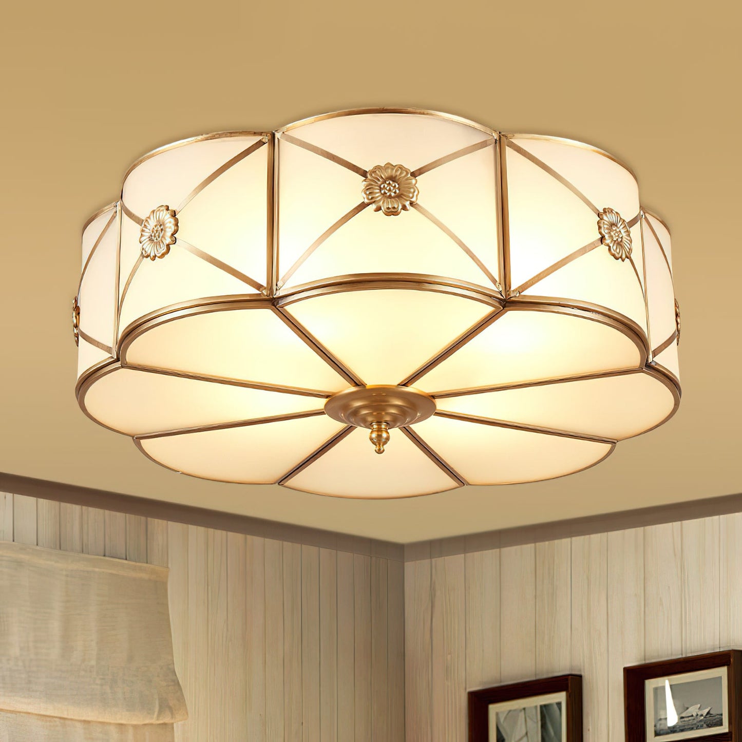 Brass Ceiling Lamp | Scalloped Edge Frosted Glass | 45cm Diameter
