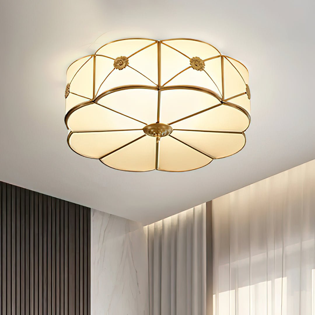 Brass Ceiling Lamp | Scalloped Edge Frosted Glass | 45cm Diameter