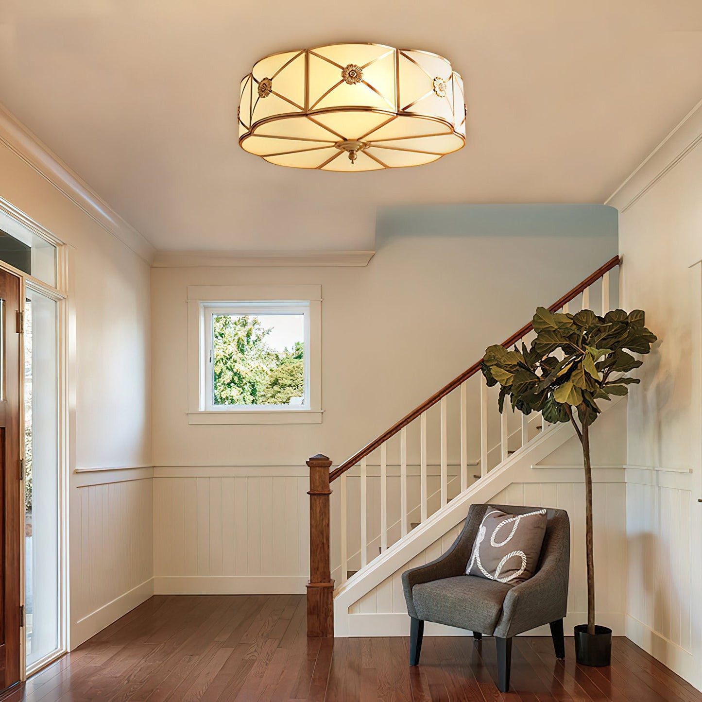 Brass Ceiling Lamp | Scalloped Edge Frosted Glass | 45cm Diameter