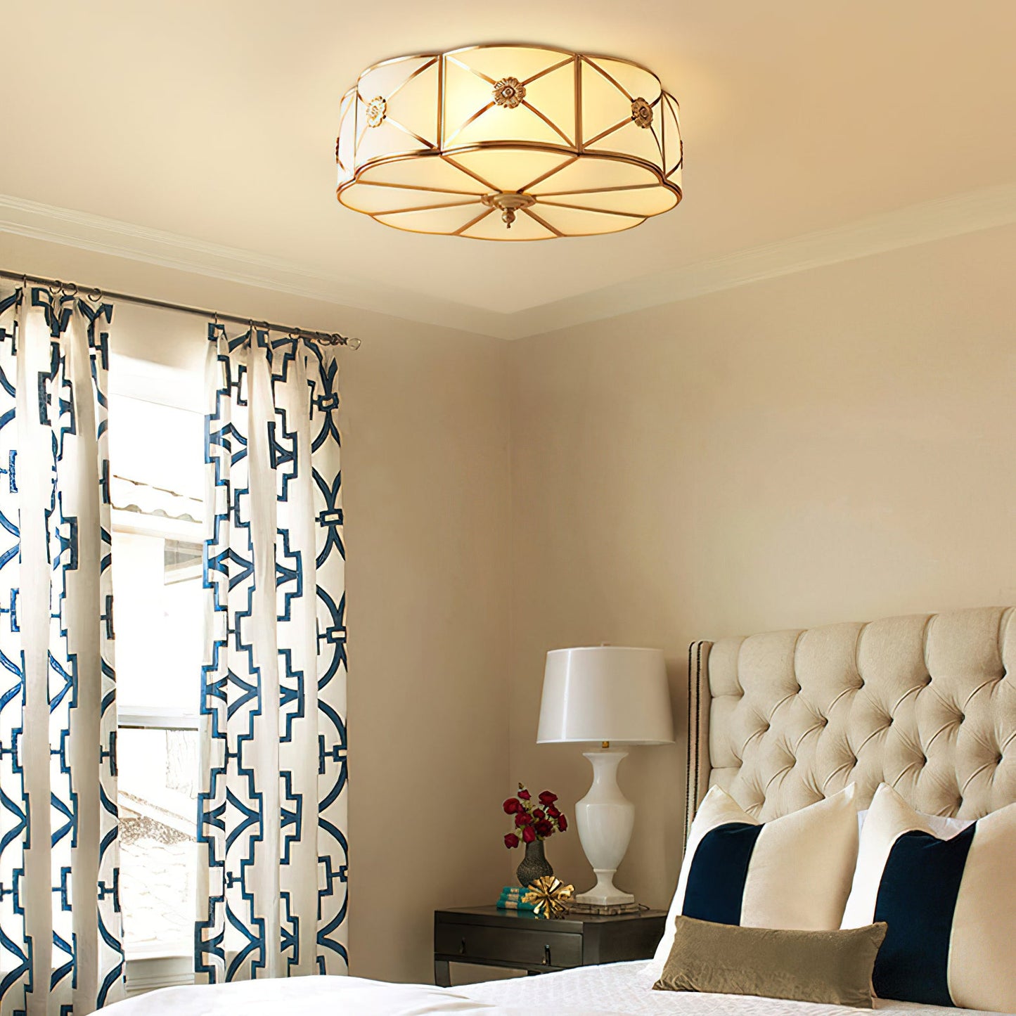 Brass Ceiling Lamp | Scalloped Edge Frosted Glass | 45cm Diameter